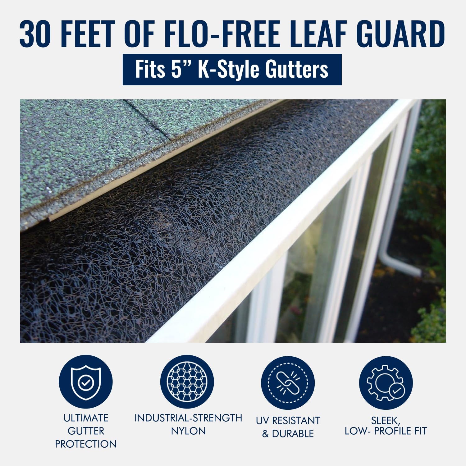 Flo-Free Leaf Guard- 30ft Premium Gutter Guard For 5K Gutters with Patented No-Clog Design- Advanced Gutter Protector Boosts Rain Flow & Stops Debris- Install Leaf Guards for Gutters- No More Cleaning