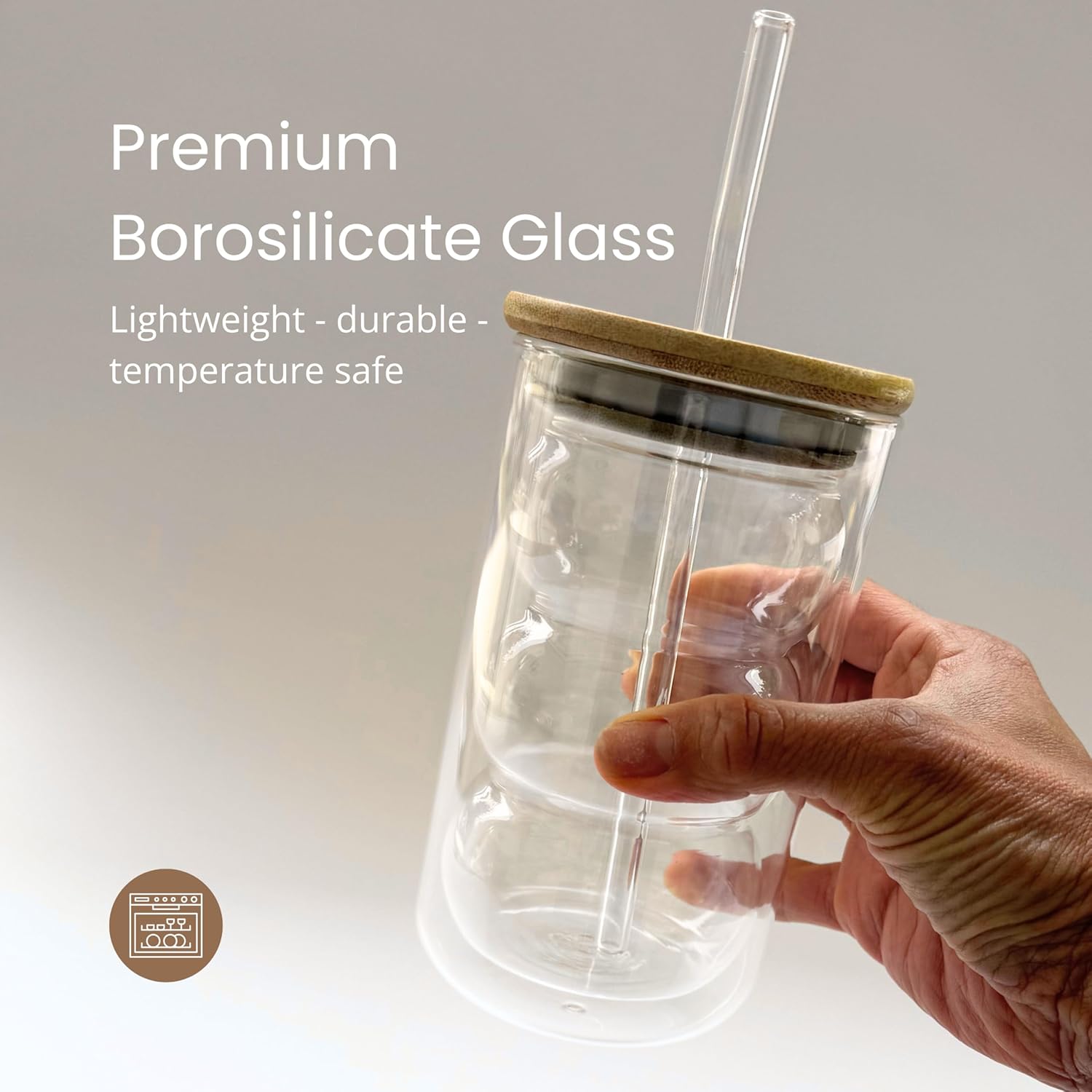 HAPPY PATH & CO. 2 Double Wall Glass Cups with Lids and Straws 16oz (480ml) - Glasses Drinking Set | Glass Tumbler with Bamboo Lid | Ribbed Bubble Glass Cups for Matcha, Coffee and Other Smoothies - Image 5