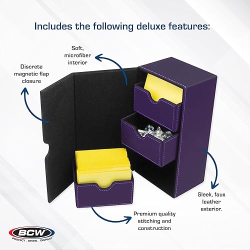 Vista 24 de BCW Deck Vault-LX 200 - Azul Estuche de cartas premium con capacidad de 100 tarjetas, cierre magnético y bandeja de dados Para Magic Commander