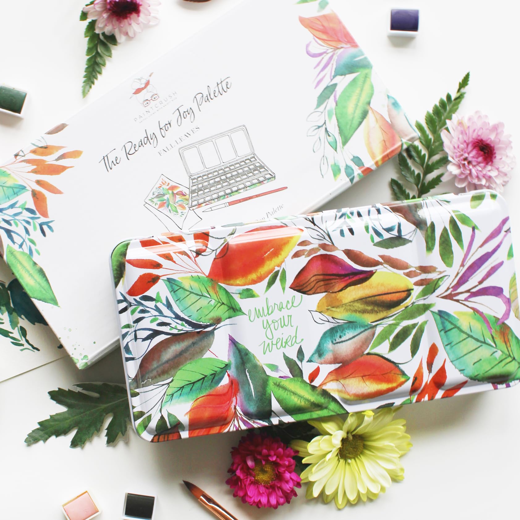 Fall Leaves-Kristy Rice Collectible Artist Watercolor Palette Empty Paint Tray & 48 Watercolor Pans- Sturdy Empty Palette Tin-Travel Watercolor Palette & Lid-Watercolor Tin (Fall Leaves)