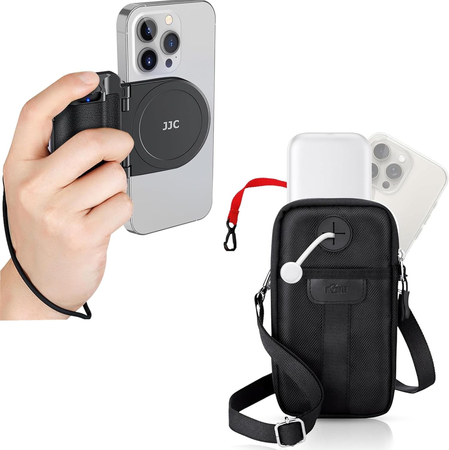 Magnetic Phone Shutter Grip + Travel Phone Pouch：Magnetic Phone Shutter Grip with Travel Cell Phone Pouch Dual Phone Holster
