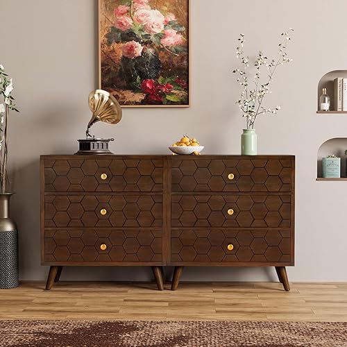 Miniatura 49 de COSIEST Mesita de noche, mesa auxiliar rústica con 3 cajones, mesita de noche de madera vintage con patas sólidas, mesa auxiliar moderna para Patrón