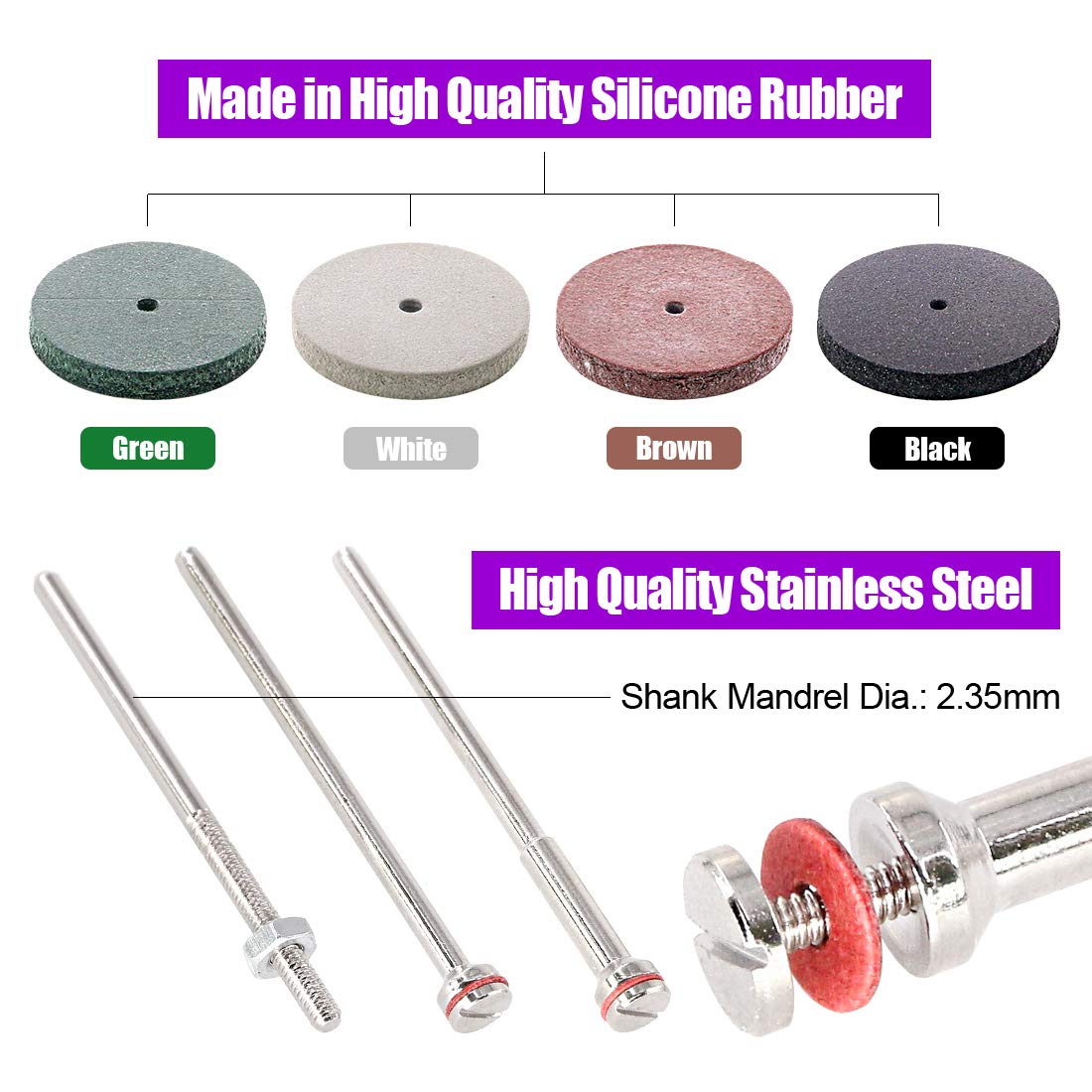 Swpeet Kit de 52 ruedas de pulido, 40 piezas de goma de silicona + 12 vástagos de mandril
