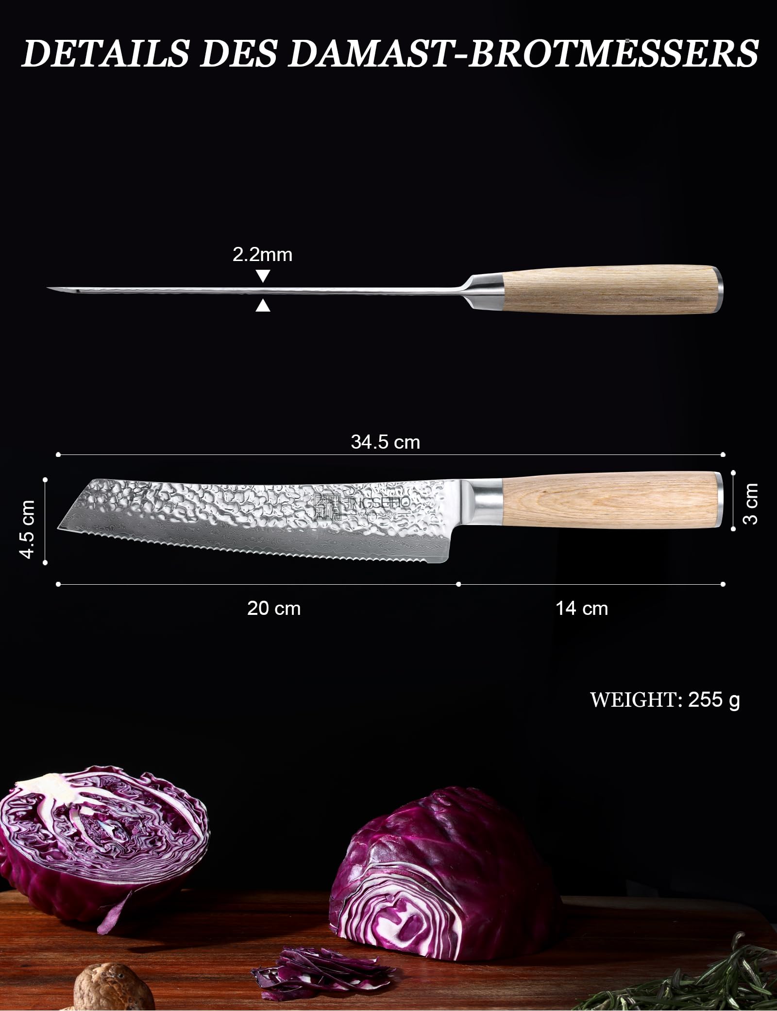 Nóż do chleba ząbkowany do pieczenia domowego - 20 cm rdzeń VG-10 ze stali damasceńskiej ultraostrej i trwałej, efektywne cięcie chrupiącego chleba na zakwasie