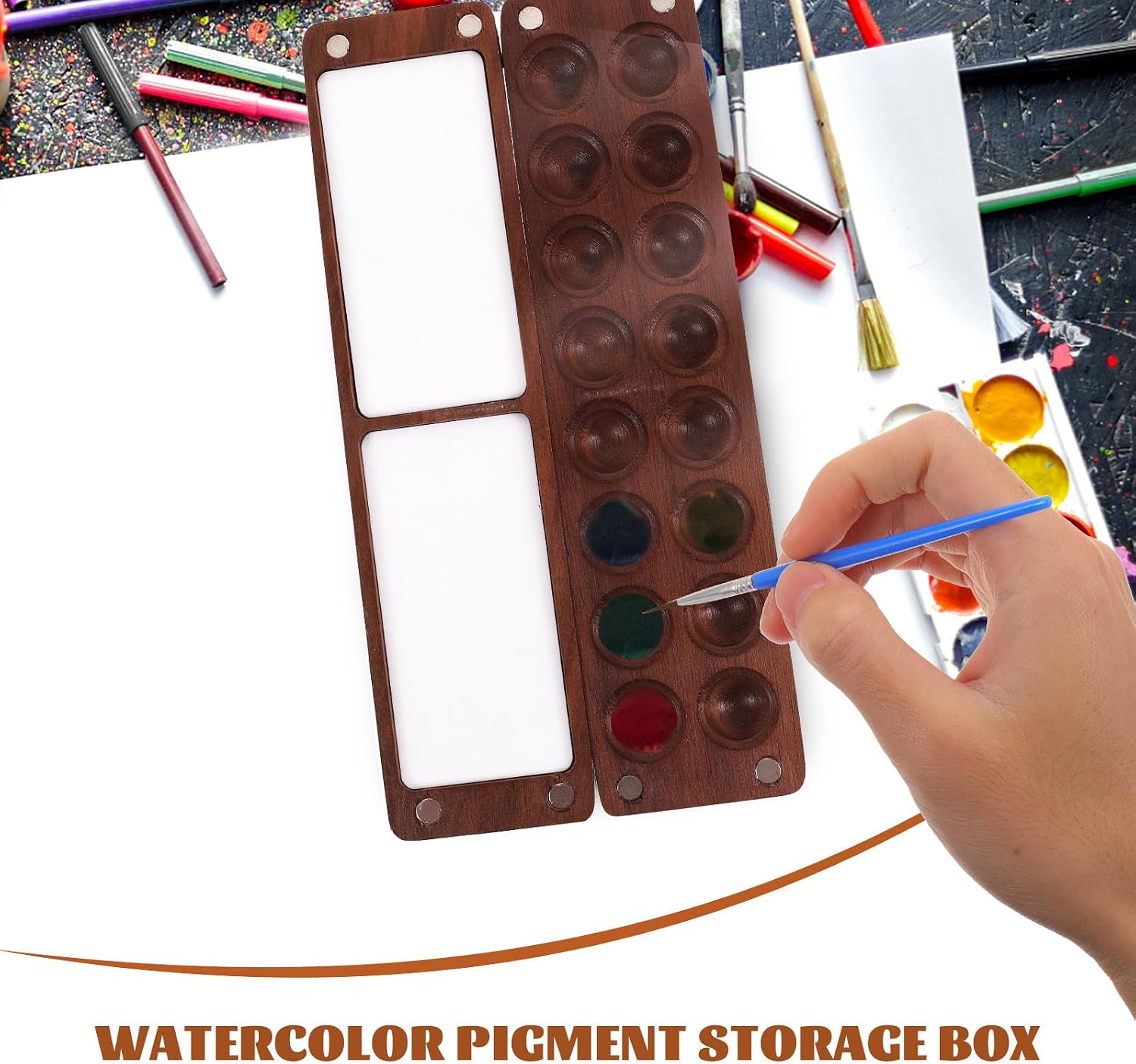 VINTORKY Mini Black Walnut Wooden Watercolor Pigment Box with Lid Portable Paint Pallet Tray for Gouache Oil and Watercolor Paint Storage and Lightweight Artist Supply Case