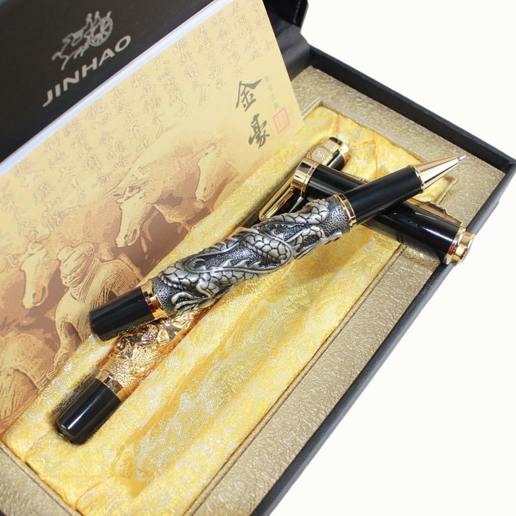 Gullor 2 pcs Jinhao Auspicious Dragon rollerball pen, antique silver & golden