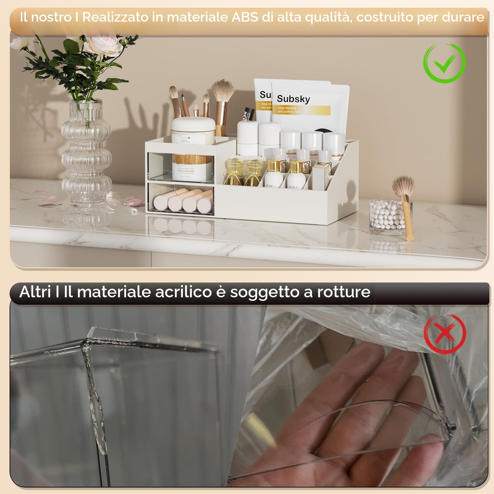 Subsky Porta Trucchi con Cassetti, Organizer per Trucco Multifunzione, Organizzatore Cosmetici da Tavolo, Scatola per Trucco con Grande Capacità per Crema, Profumo e Pennelli (Bianco)