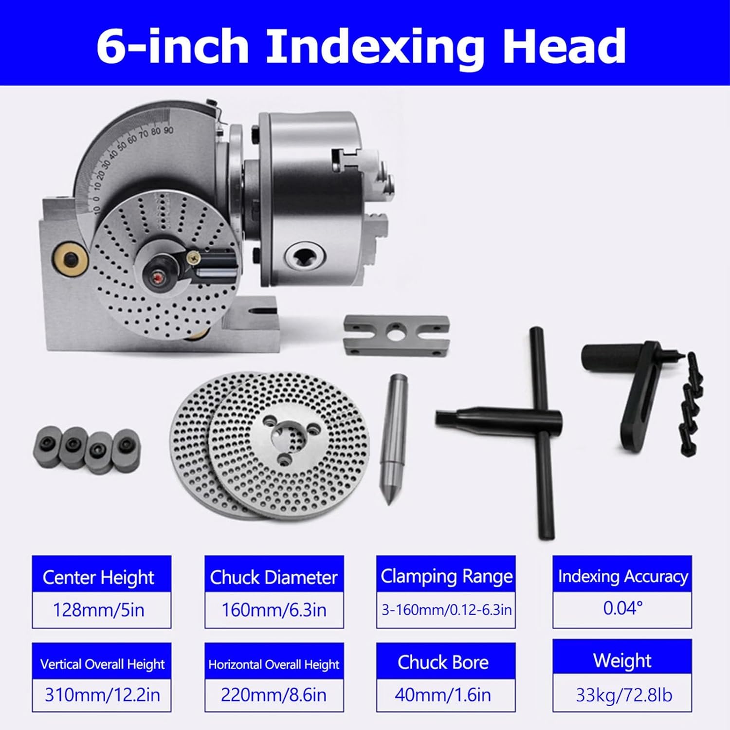 Universal Indexing Head for Rotary Table, Precision Milling Machine Indexing Head with Three-Jaw Chuck, Vertical/Horizontal Use, Adjustable Angle 0-90°(6in/160mm)