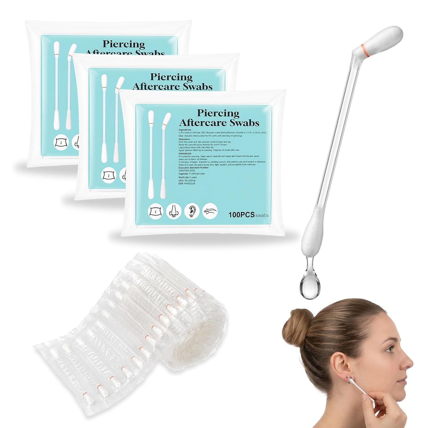 300 Piercing Aftercare Swabs Disposable Individually Wrapped | Saline Solution Swabs Cotton Swabsticks for Nose,Ear,Belly Button Piercing Cleaning,Saline Wash for Sterile Wound Care