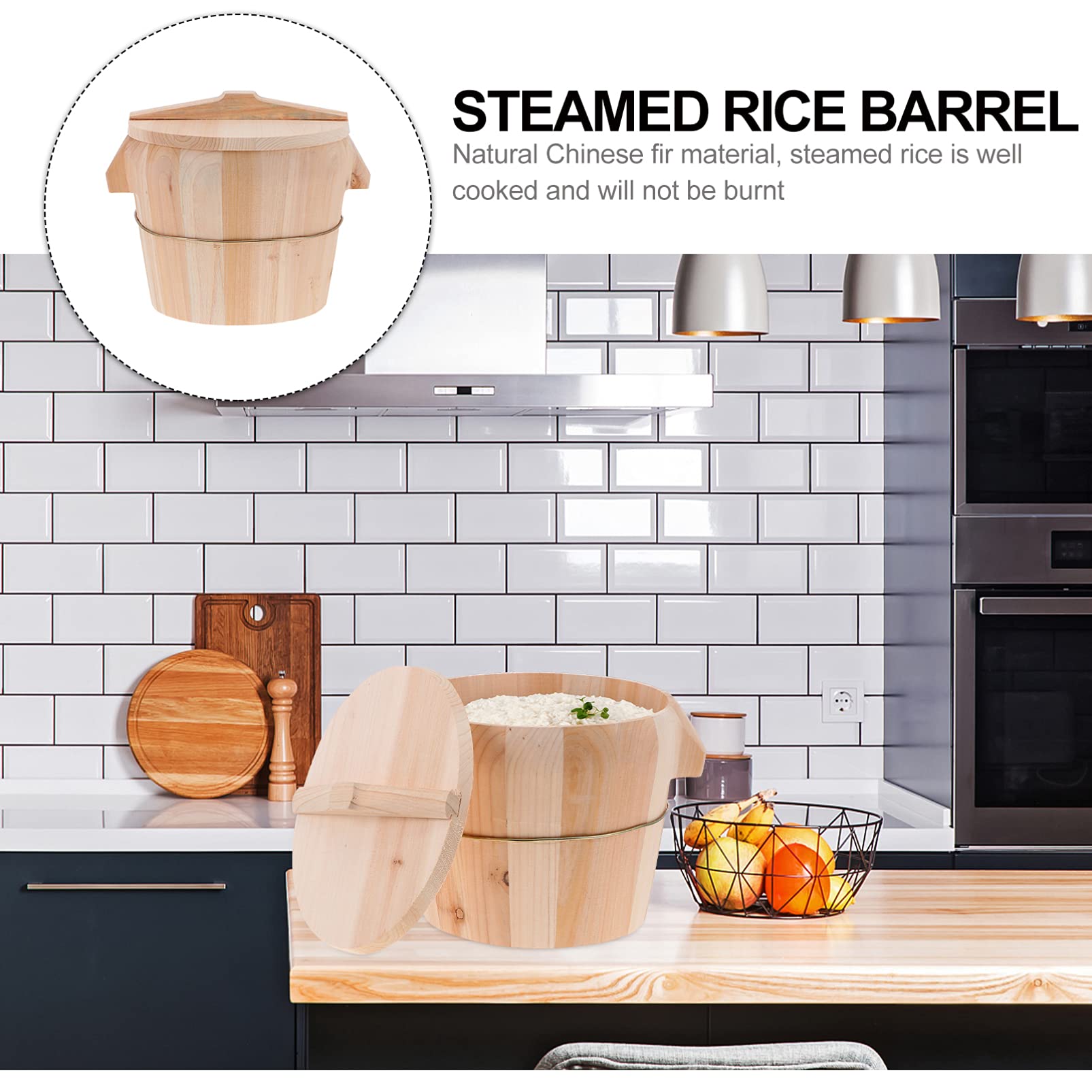 OUNONA Secchio per Riso al Vapore in Legno di Cedro Beige con Manico Laterale e Coperchio, Design Anti-scottatura e Fondo Mobile per Cucina Domestica