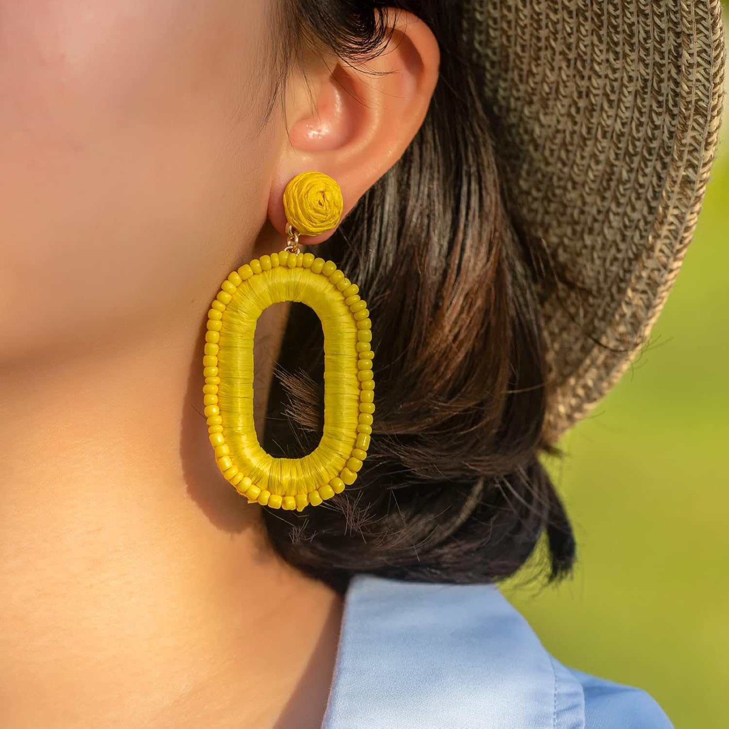 Beaded Raffia Boho Earrings - Cute Seed Bead Square Drop Dangle Earrings for Summer - Image 2