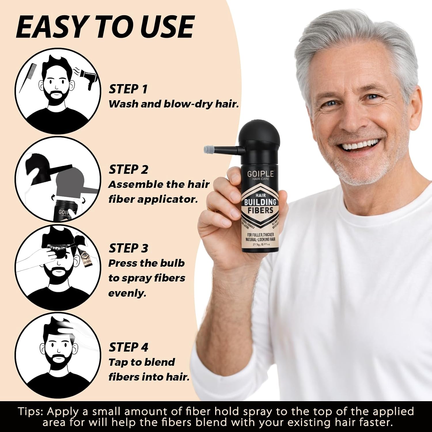 Hair Fibers for for Women & Men All-Natural Hair Building Fibers Spray with Spray Applicator | Fill In Fine or Thinning Hair Instantly Volume Powder Bald Spot Cover Up 3-in-1 Styling Set (Gray)