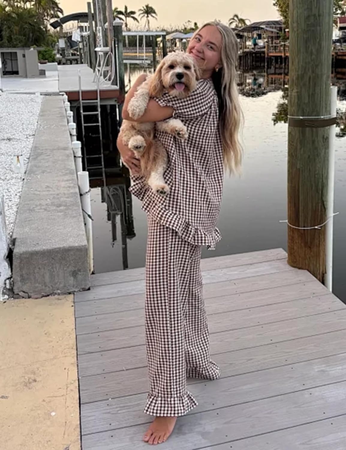 COZYPOIN Womens Gingham Pajama Set 2 Piece Plaid Cotton Pjs Cute Ruffle Sleepwear Maternity Bridesmaid Pajamas Loungewear
