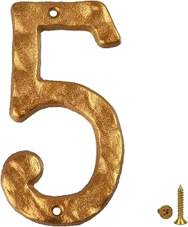 HILAZA House Number 5 for Outside, 5.5 Inch Cast Iron Metal Home House Address Numbers, Golden
