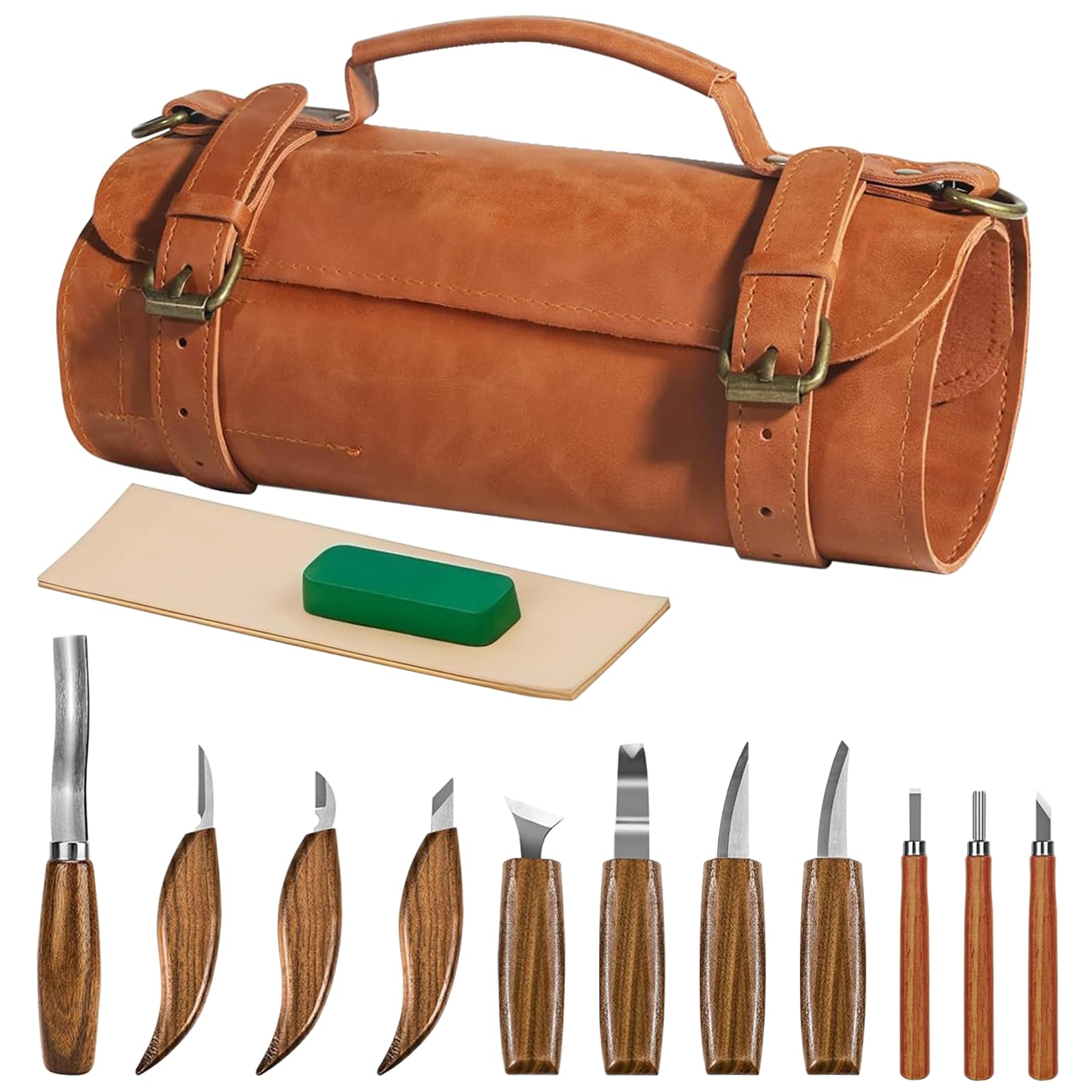 Set de herramientas de tallado en madera, de 14 piezas, con bolsa de almacenamiento de cuero, con 8 cuchillos de tallado y 3 cuchillos de tallado de detalle y piedra de afilar y cuero de asentado para