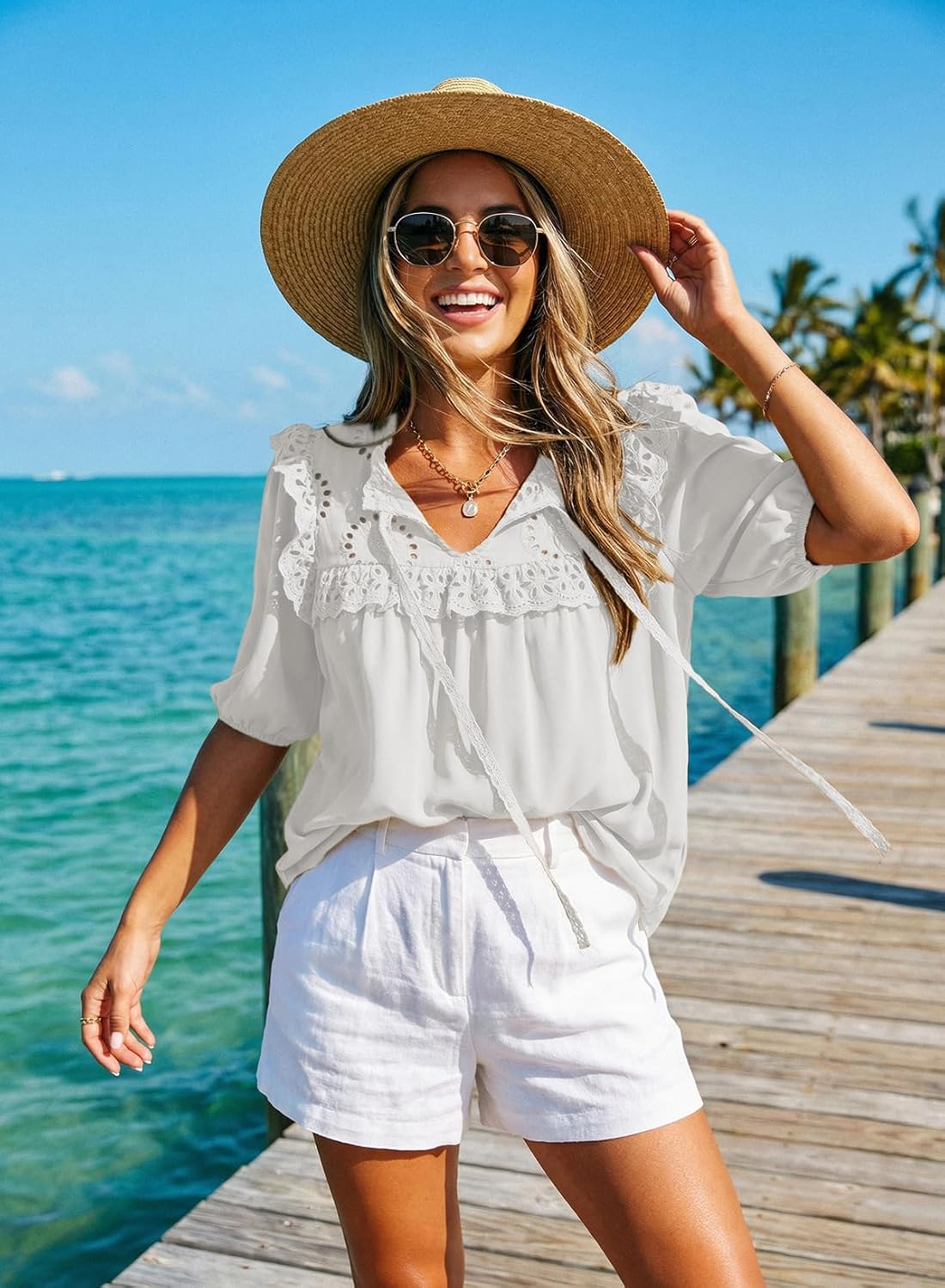 Dokotoo Womens Summer Tops 2026 Boho Short Sleeve V Neck Lace Embroidered Tie Front Casual Loose Blouses Shirts - Image 3