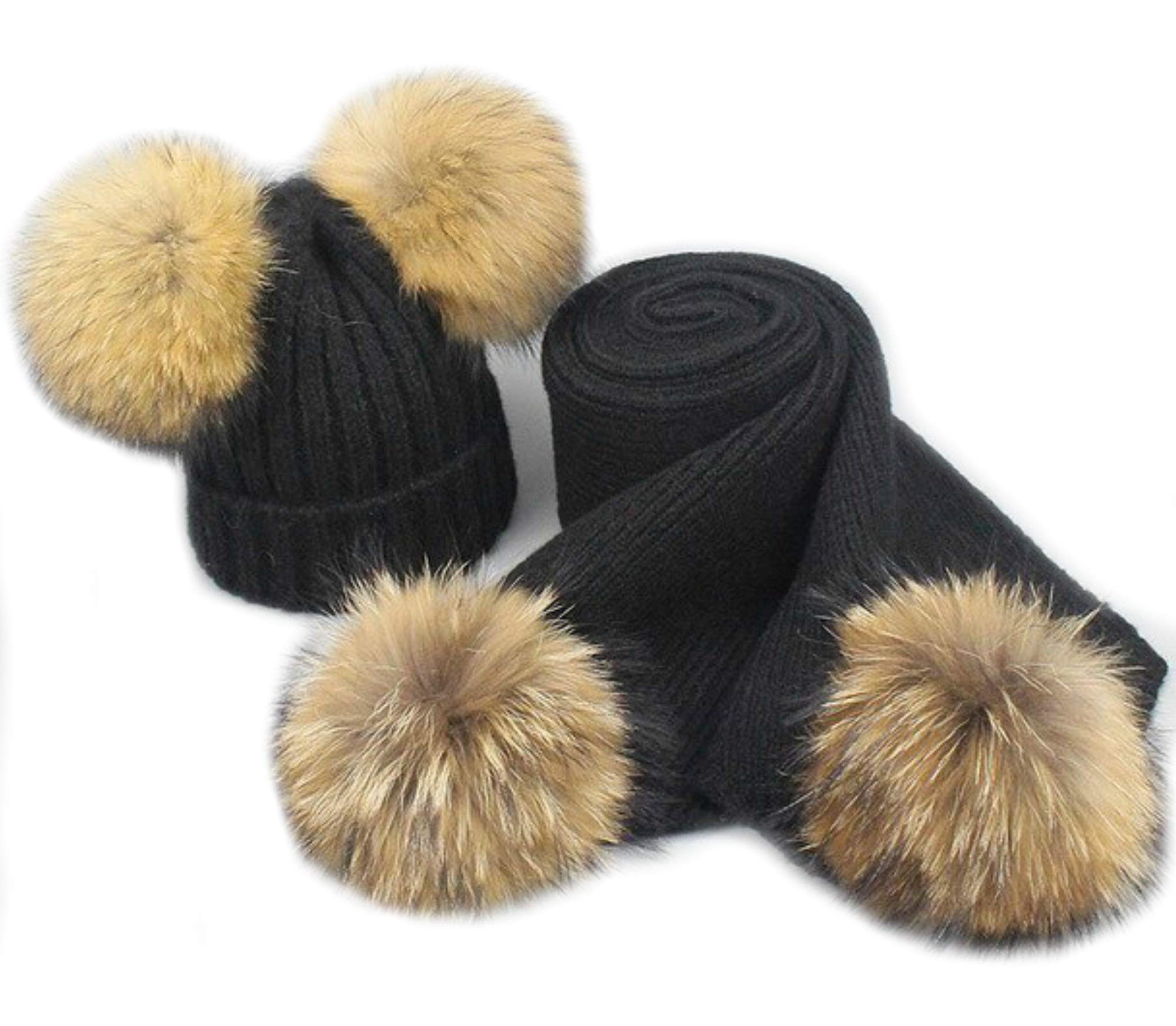 Set Cappello E Sciarpa PON PON Pelliccia Vera Cuffia Unisex Inverno Regalo Natale Hat Scarf Fur