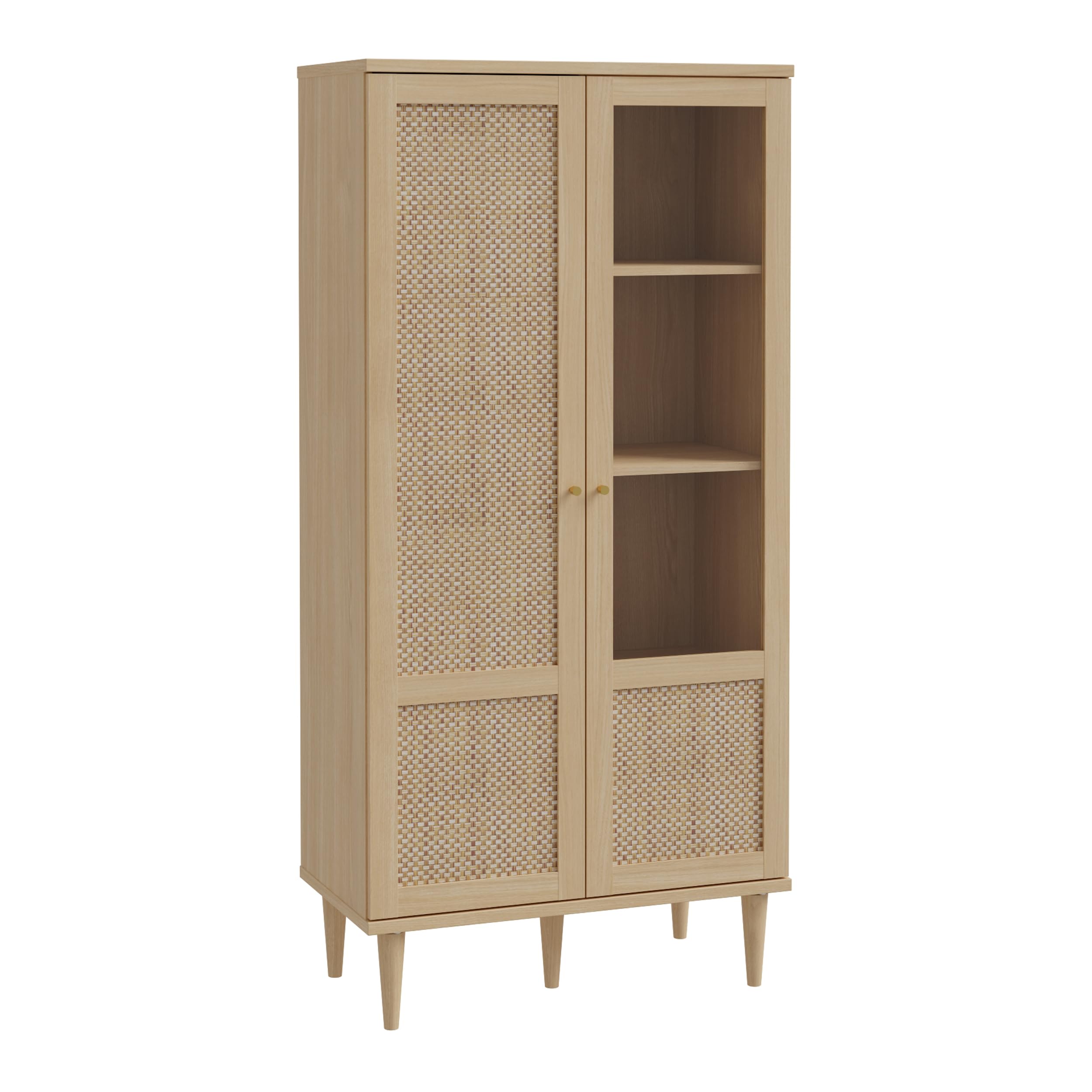 Forte CALASETTA Vitrine 80, Boho-Vitrinenschrank mit Rattangeflecht, 2-türig, Holzwerkstoff, Elegancia Eiche | Technorattan, 80,1 cm breit x 166,6 cm hoch x 41,4 cm tief