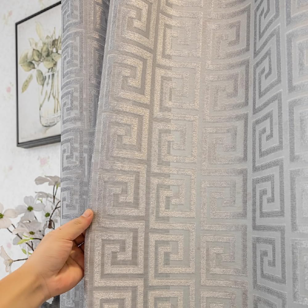 Amidoudou 1 Pair Luxury Geometric Sheer Curtains for Living Room Jacquard Tulle Curtains for Bedroom (Gray,54x102 Inch)