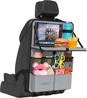 Plzpik Auto Organizer,2 Große Rückenlehnenschutz,Autositz Organizer Kinder mit Klapptisch, 12 Taschen,wasserdichter Rücksitzschutz für Kinder, Auto Reisezubehör Organizer (Grau, 1 Stück)