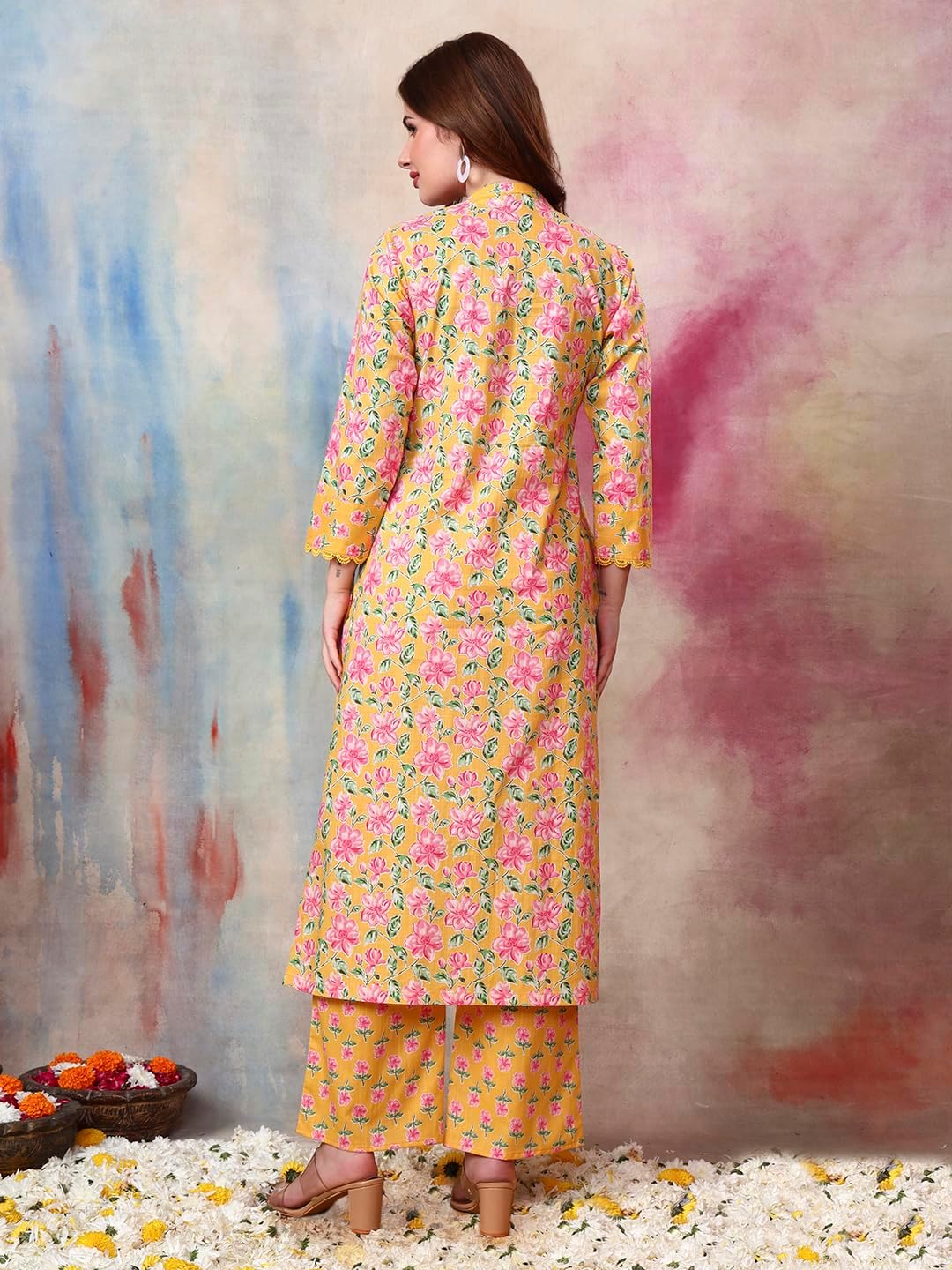 Tissu Women's Cotton Slub Yellow Floral Printed Kurta with Trouser Pant