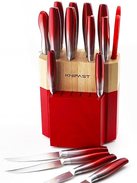 Knife Set With Block, KNIFAST Full Tang 17-Pieces Kitchen Knife Set With Block Wooden German Stainless Steel Cutlery With Knife Sharpener & 6 Steak Knives (Red)