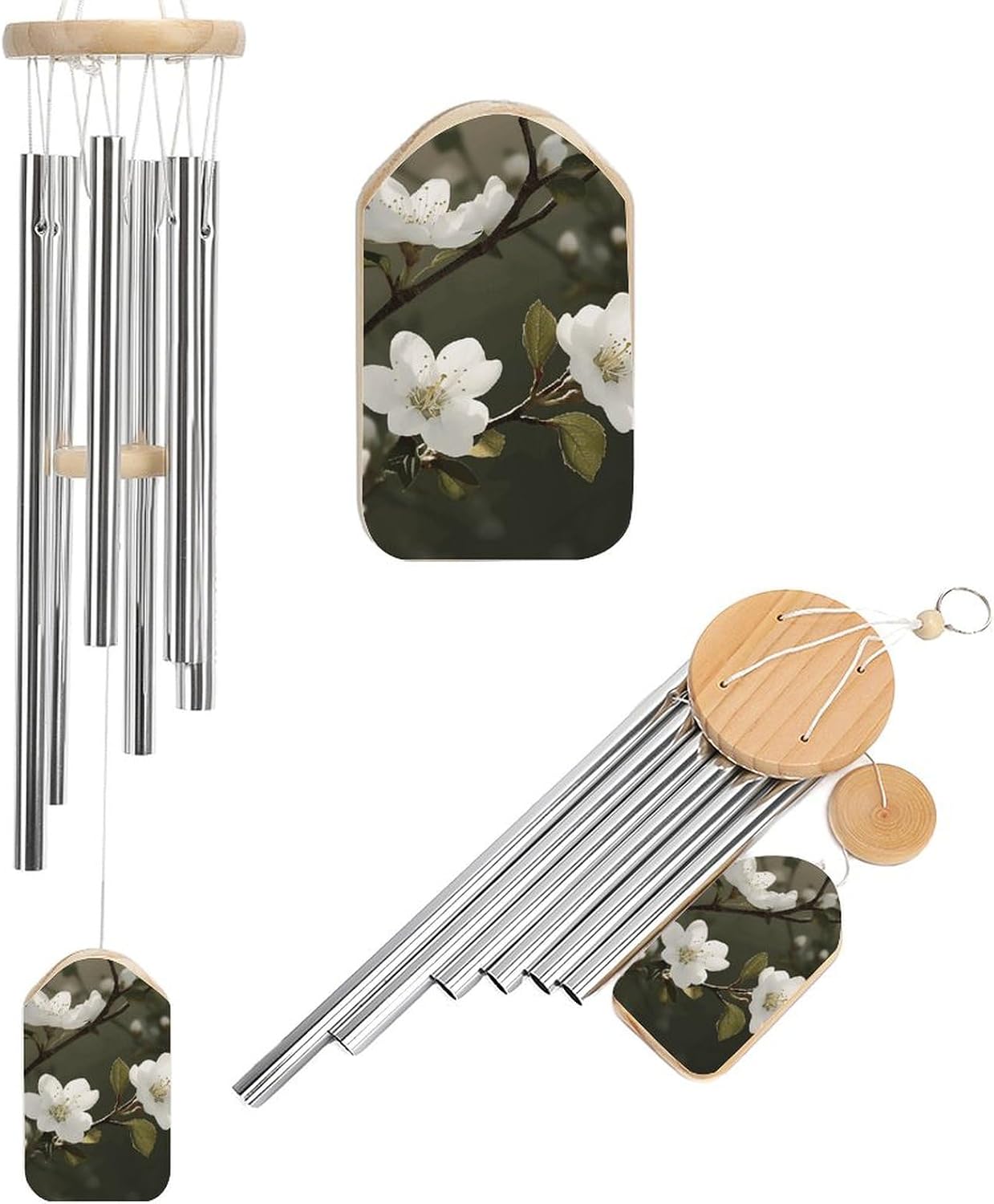Outdoor Wind Chimes, White Flowers Spring Printed Wind Chimes,Simple Wind Chimes,Curtain Wind Chimes for Home Decoration