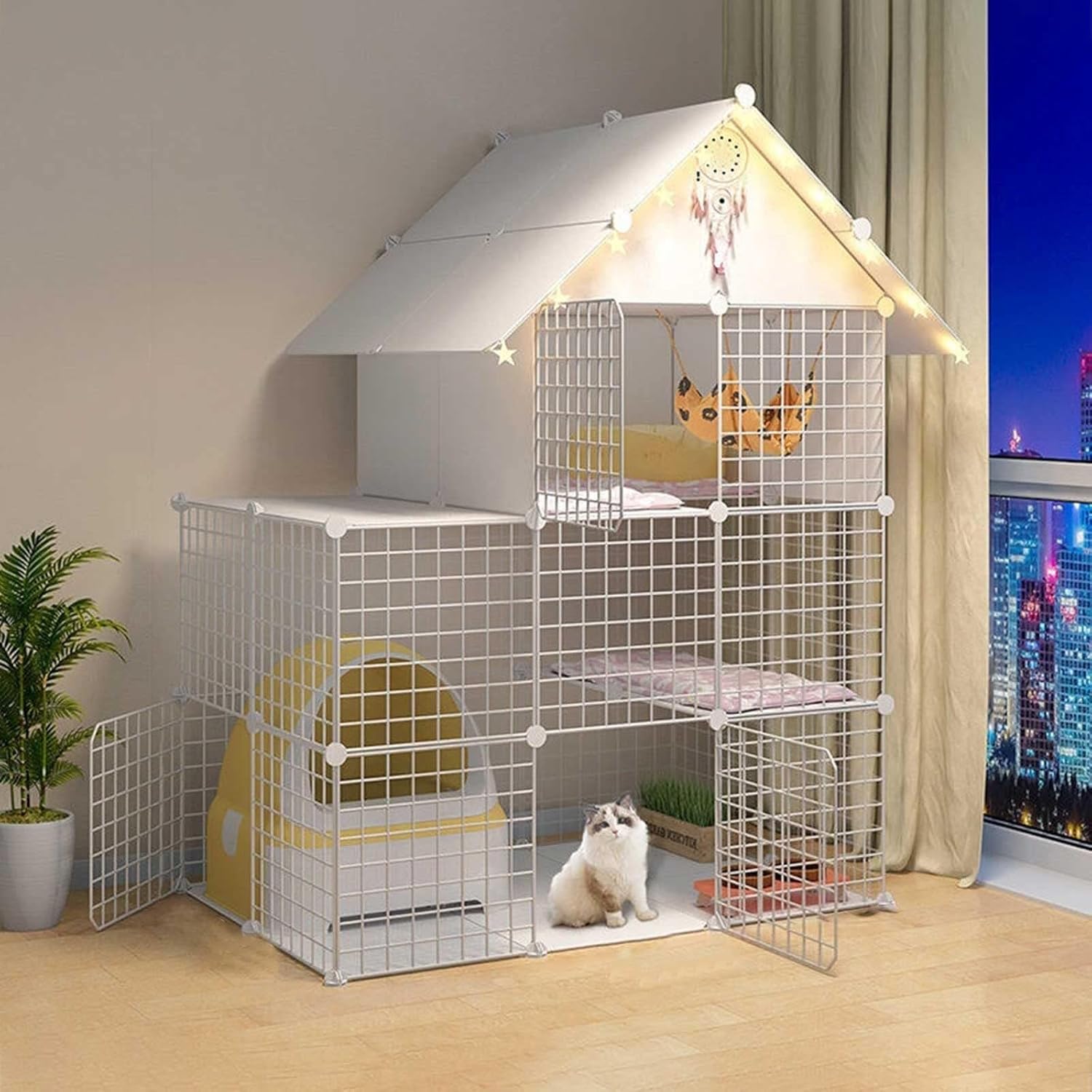 Indoor Large Cat Cage with Storage Shelf, Multi-Layer Metal Cat Playpen DIY Pet Kennel for Cats, Small Animals & Puppies(White,111X75X146cm(B))
