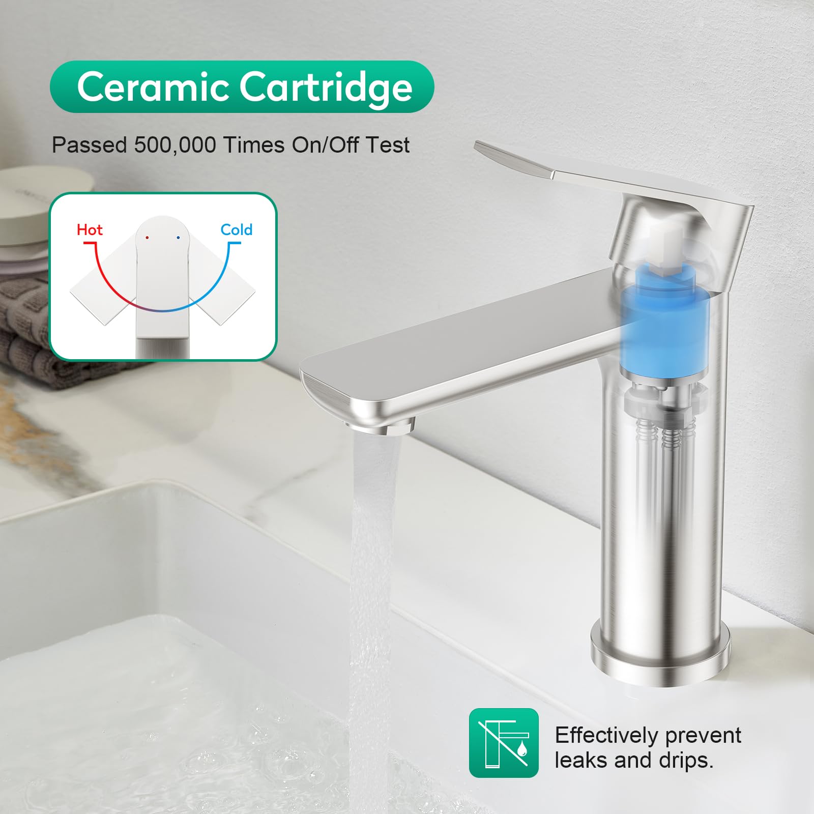 CREA Grifo de baño, grifo de lavabo con desagüe, grifo mezclador de ahorro de agua, grifo de alta presión para baño, grifo monomando de lavabo de acero inoxidable cepillado