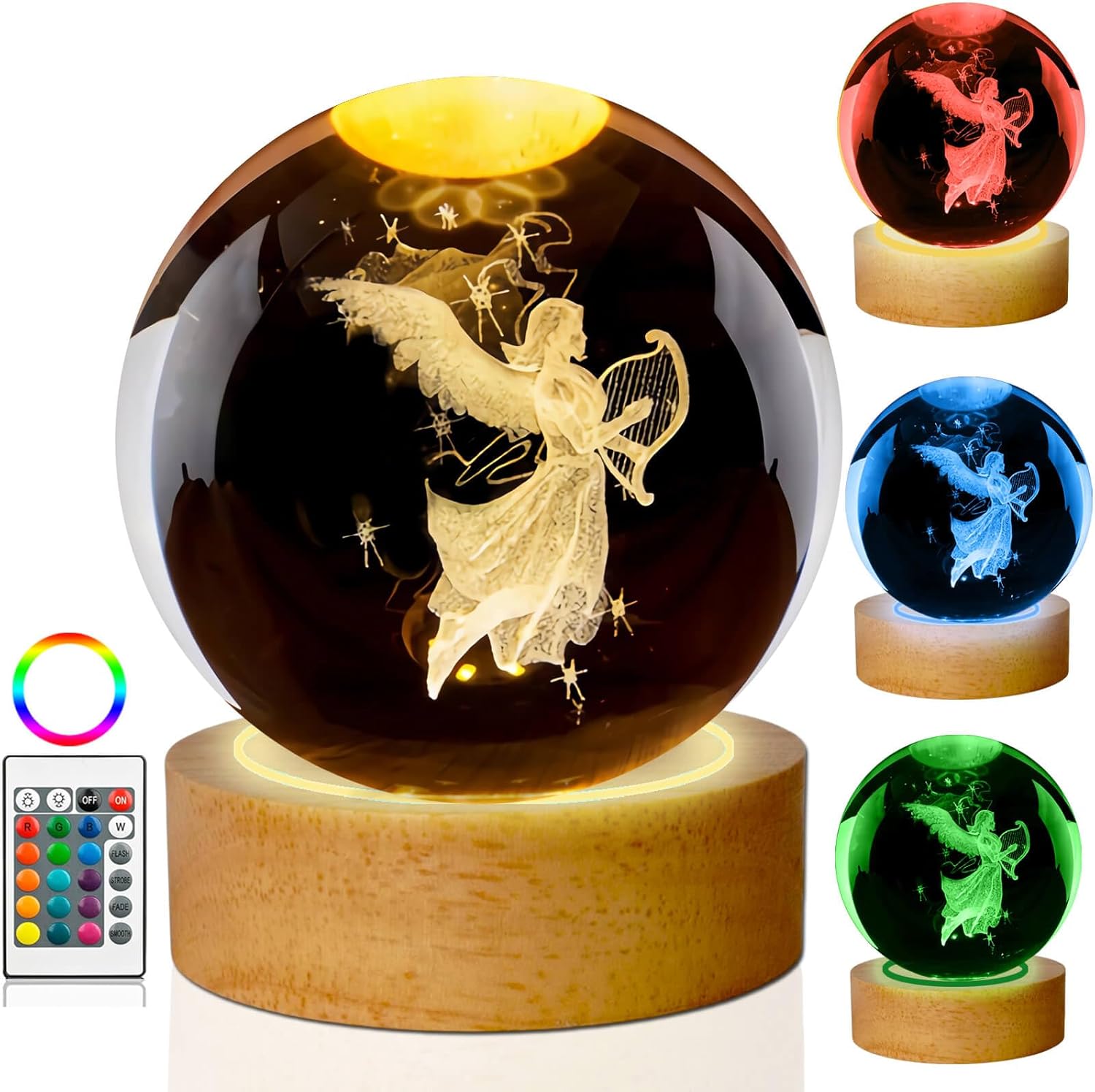 Guardian Angel Crystal Ball Lamp,16 Colors Glass Angels Figurine Ball Night Light with Wooden Base and Remote Control, Angels Gifts and Birthday Gift for Women Men Kids (Angel)
