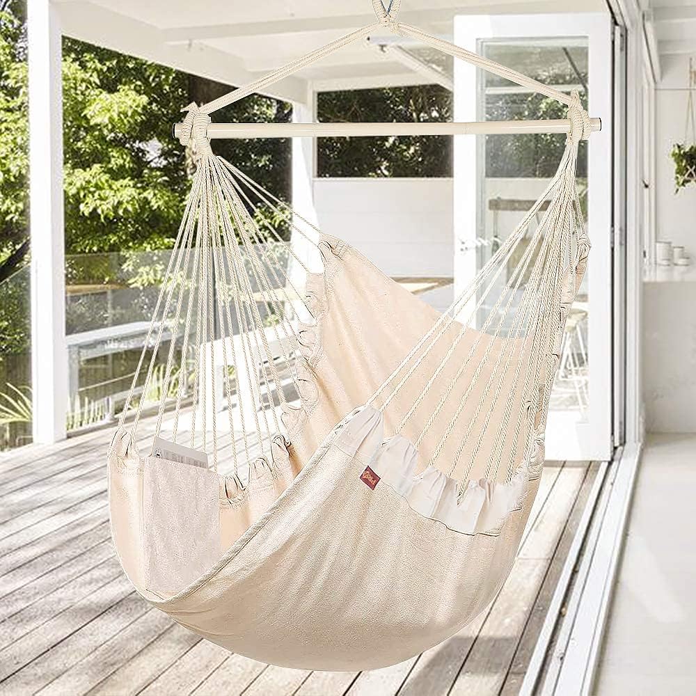 PIRNY Hammock Chair Hanging Rope Swing,Include Tree Straps and Side Pocket,Max 350 Lbs,Comfortable and Sturdy for Indoor Outdoor(Large White no Cushion)