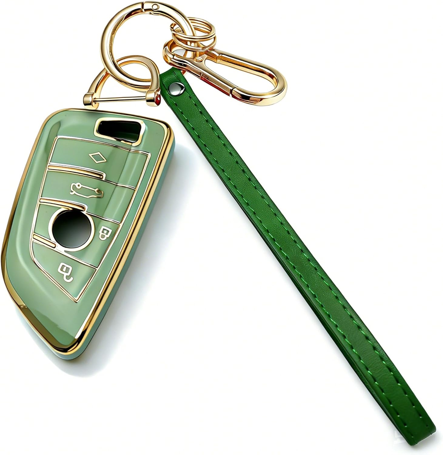 for BMW Key Fob Cover with Keychain for 2 5 6 7 Series X1 X2 X3 X5 X6 X7 Premium Soft TPU Key Fob Holder (Gold-Green)