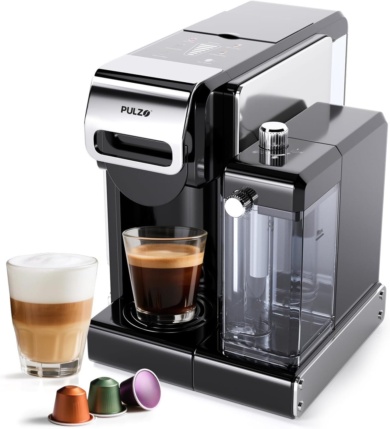 PULZO Espresso Machine with Integrated Automatic Milk Frother, capsule coffee maker for K*cup capsule/Ne*s Original/coffee powder, One Touch Latte & Cappuccino