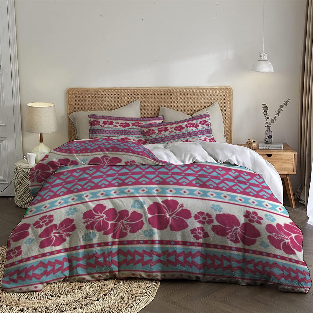 NIBAINLO 布団カバーハワイアンハイビスカスの花柄 - 赤と青のパターン 肌に優しい ピーチスキン加工 掛け布団カバー 和式 洋式 あったか 布団カバーセット リバーシブル ホームステイ ホテル 家庭兼用