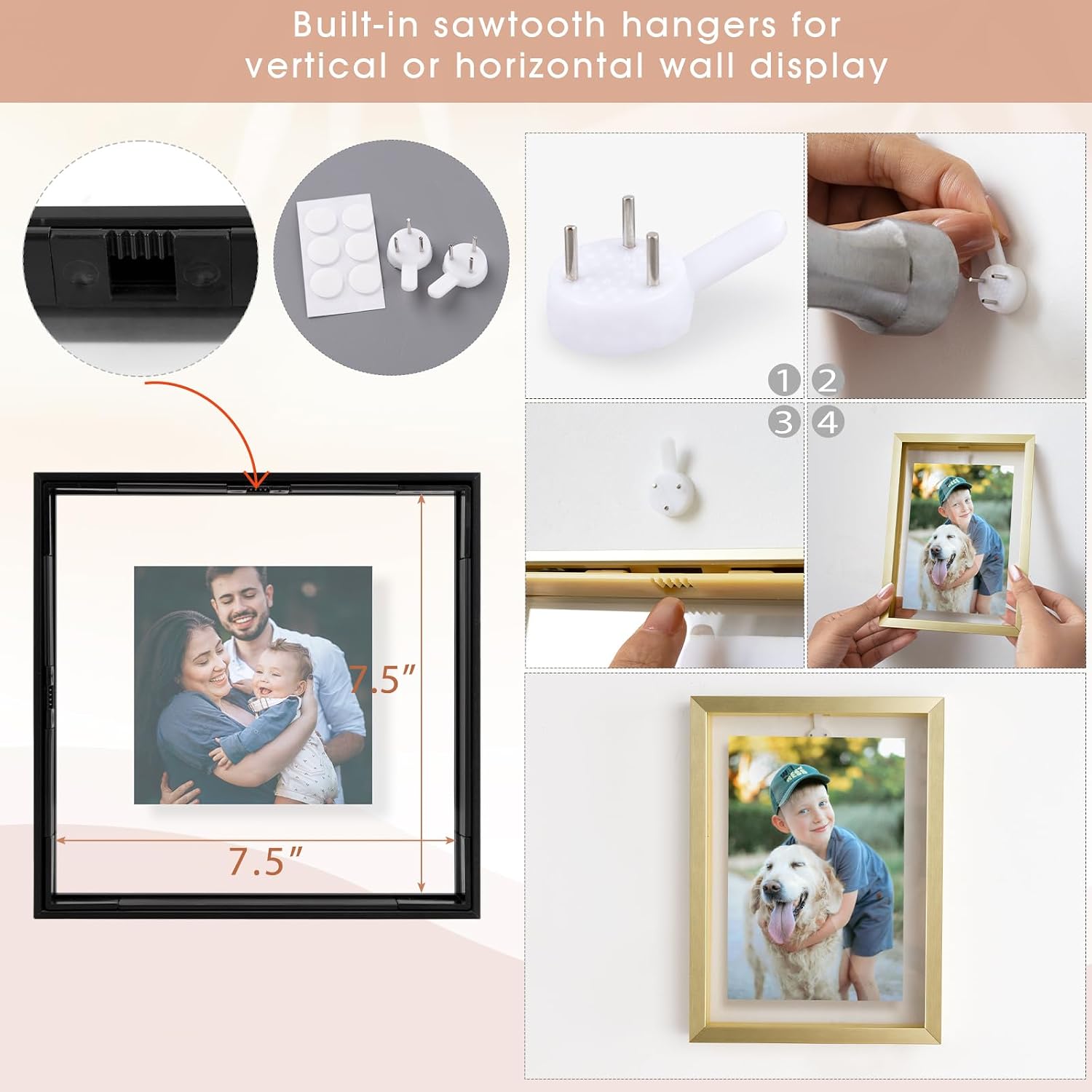 Golden State Art, 8x8 Floating Frame, Black Aluminum Picture Frame, Clear Glass Displays Any Size Photo up to 8 by 8, Home Gallery Wall Decoration, Display Horizontal and Vertical