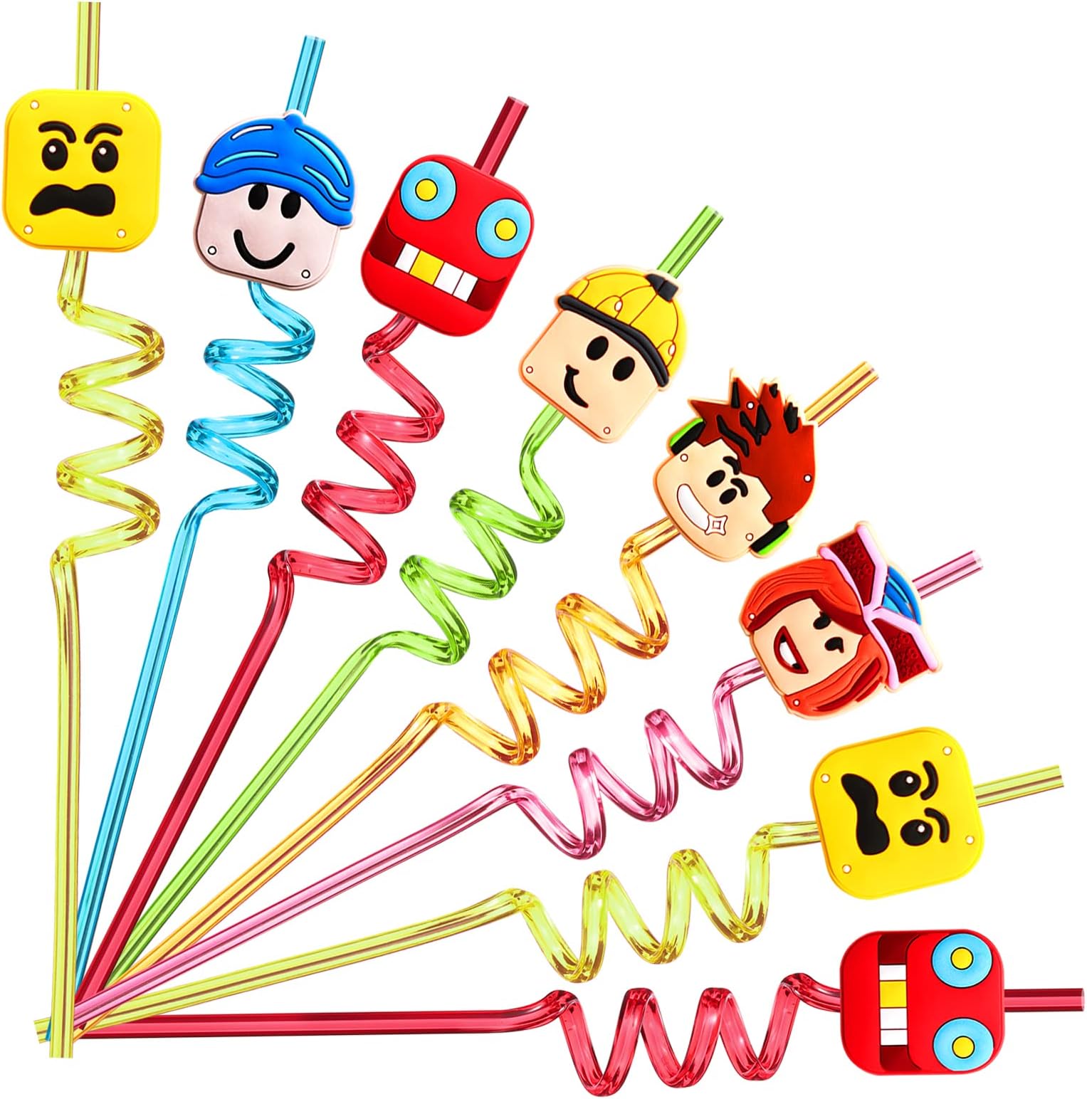 24 Robot Blocks Straws with 2 Cleaning Brush 6 Designs Great for Video Game Themed Birthday as Party Favors and Party Supplies