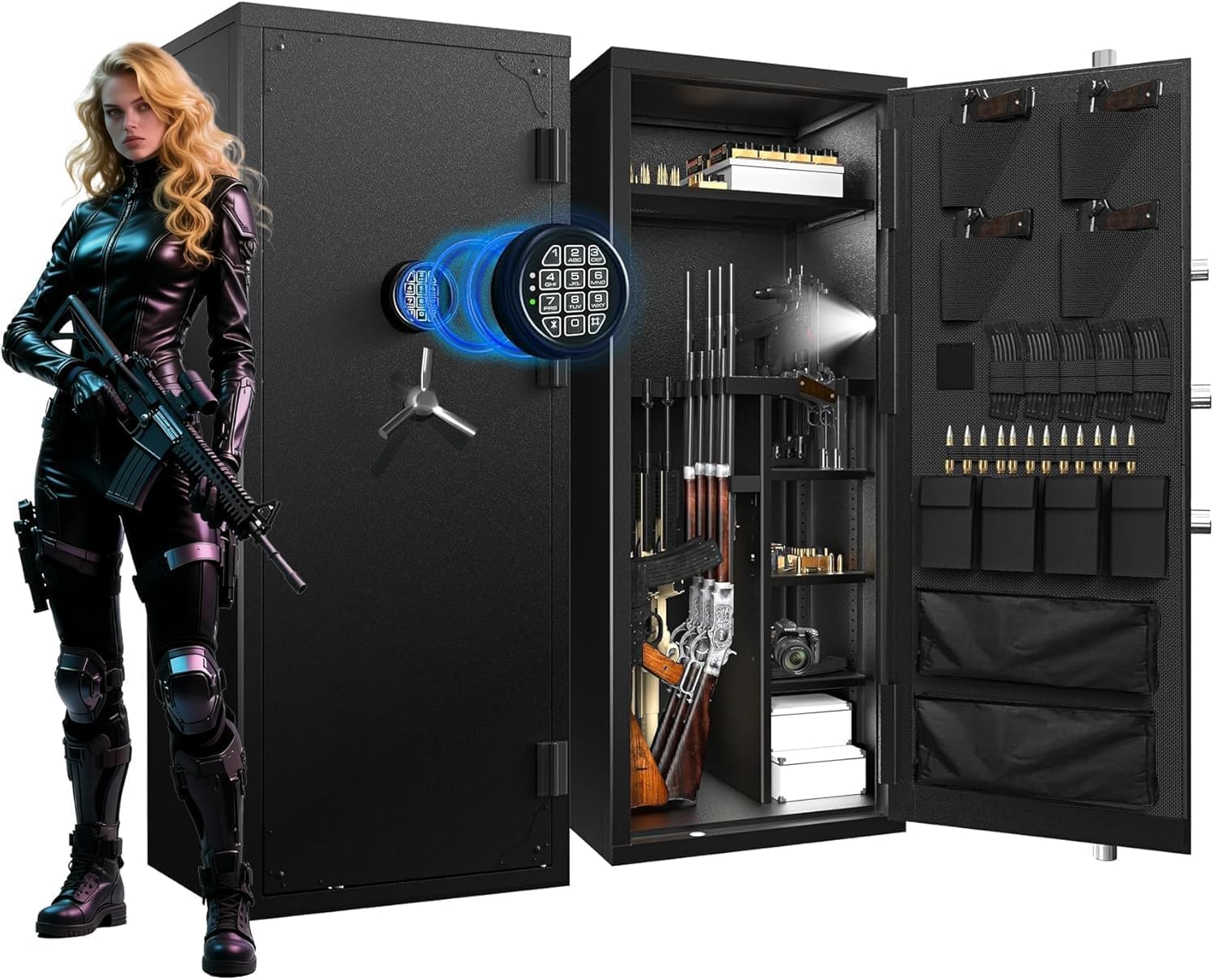 Large Rifle Safe, 30 Gun Safe for Rifle and Shotgun/Rifle Pistol Rack/Storage Pocket/Removable Shelf/Silent Mode/External Battery/Key/LED,180° Open Door Panel Organizer Unassembled Gun Safe