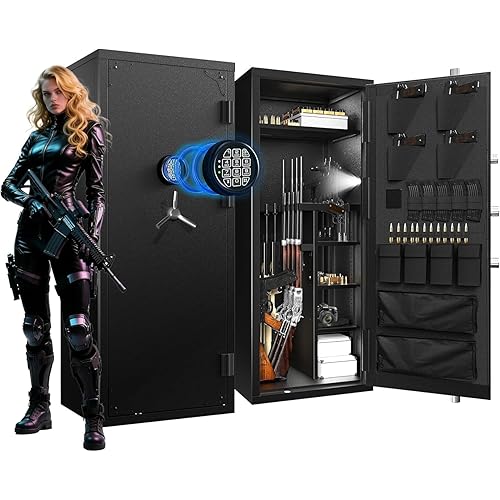 Large Rifle Safe, 30 Gun Safe for Rifle and Shotgun/Rifle Pistol Rack/Storage Pocket/Removable Shelf/Silent Mode/External Battery/Key/LED,180° Open Door Panel Organizer Unassembled Gun Safe