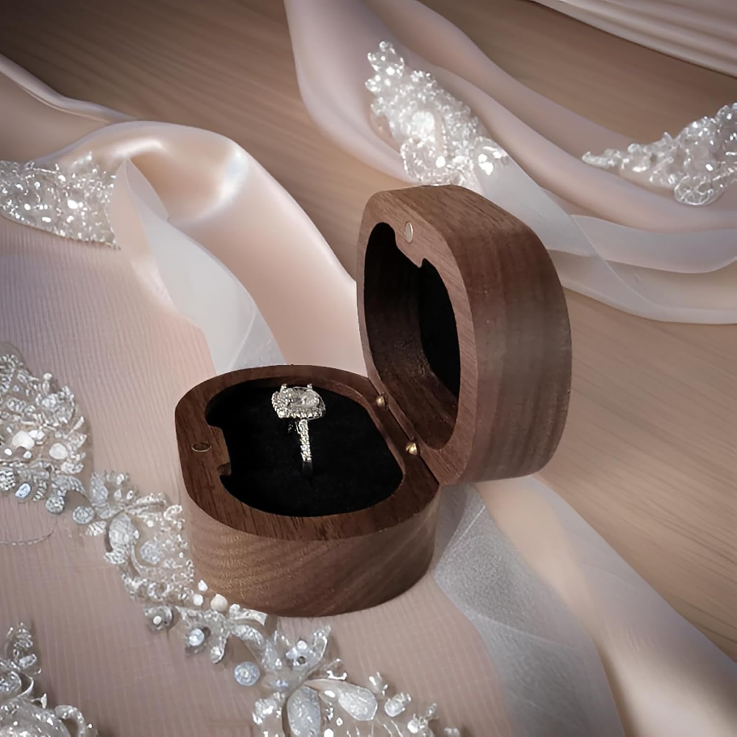 mens wood small ring case bearer holder single gift box 1 slot Proposal engagement ring box caja para anillo de compromiso rural retro ring earring gift box(Walnut swan velvet black lining) - Image 3