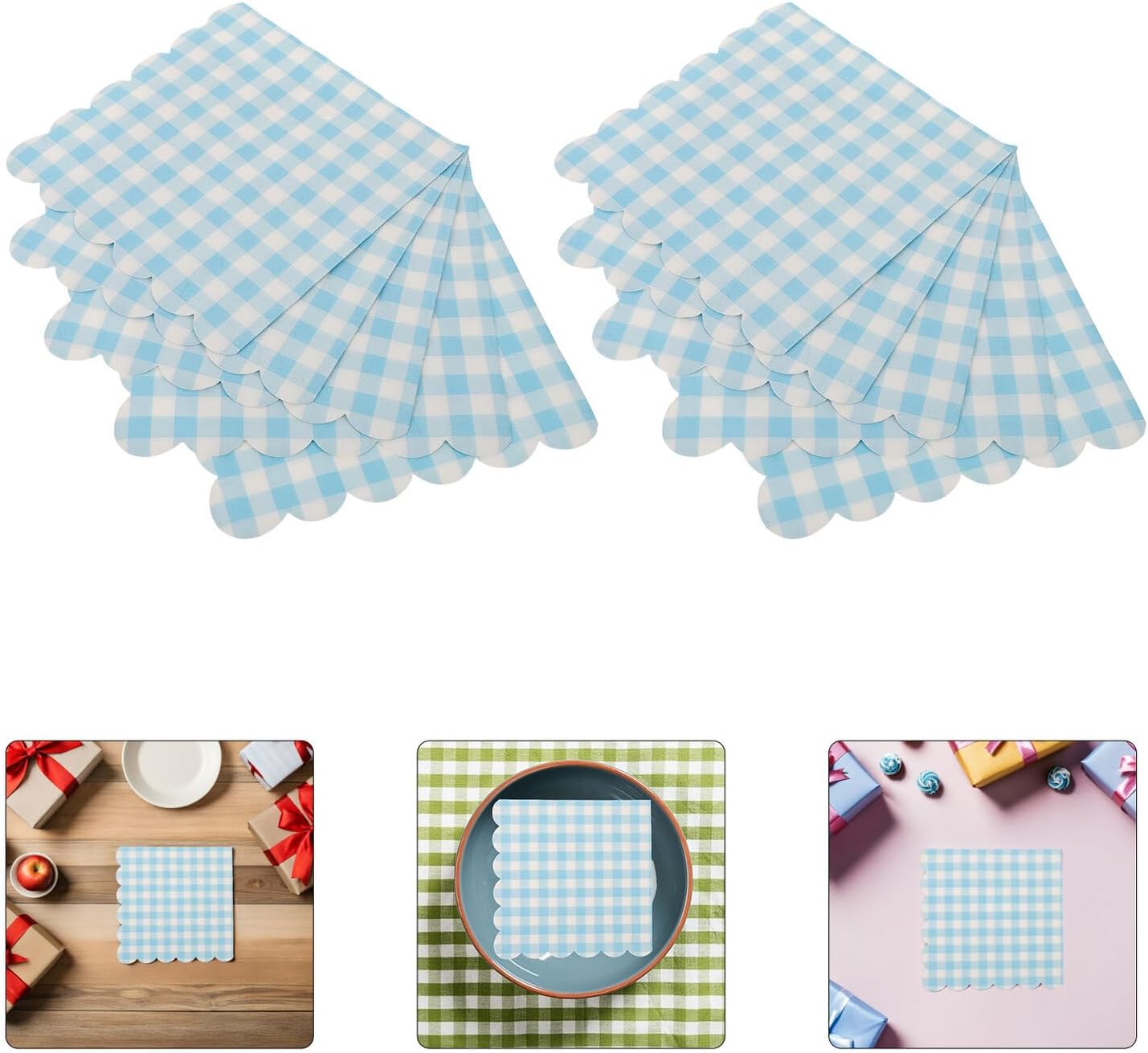 Ciieeo Blue Plaid Decorative Napkins 100pcs Disposable Paper Napkins with Scalloped Edge for Birthday Party Wedding Reception Dinner Event