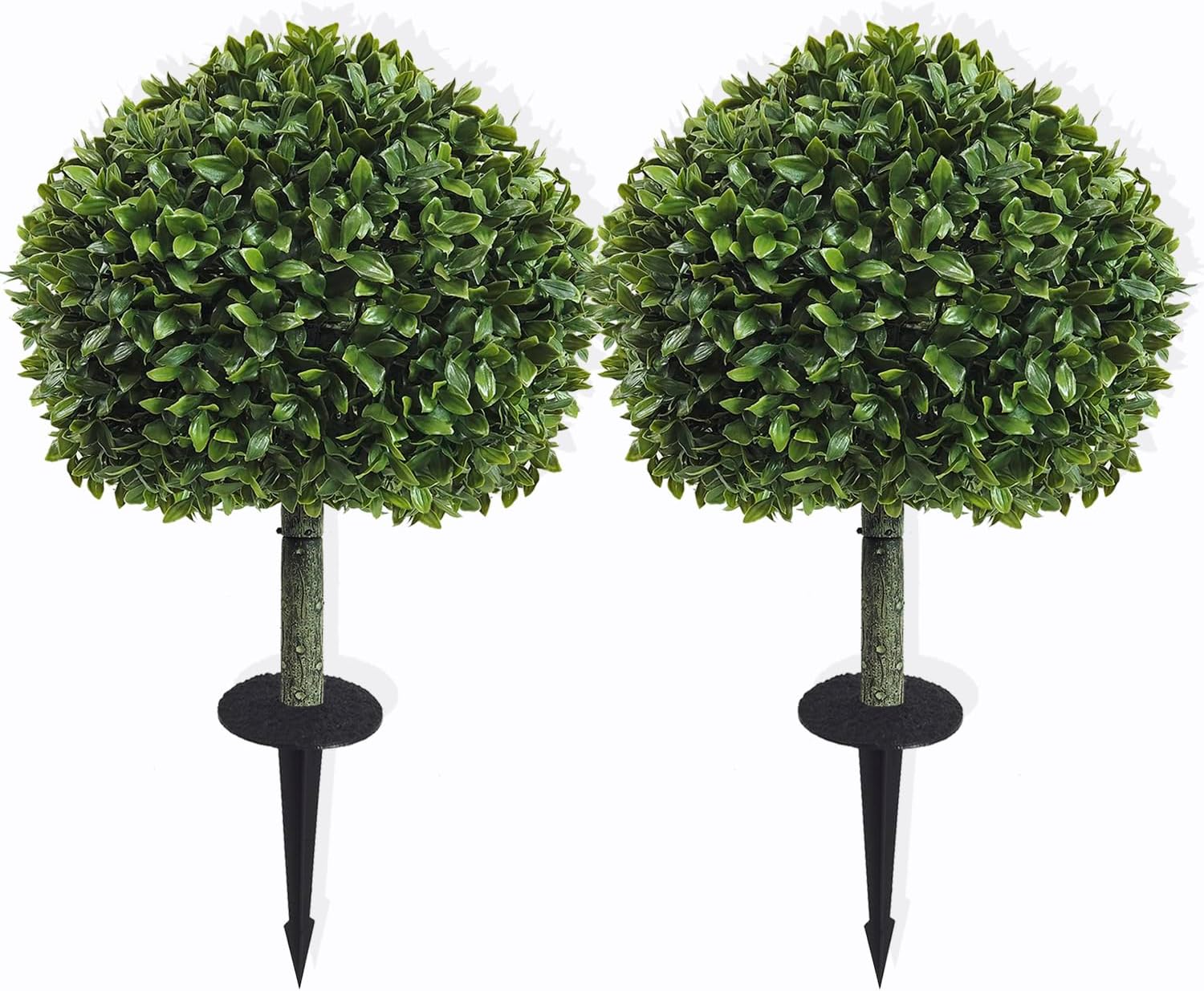 Artificial Boxwood Topiary Ball Tree with Ground Spike, Set of 2 Artificial Shrub Bushes, Fake Evergreen Tree for Porch, Artificial Plants for Outdoor Planters Indoor UV Resistant-Green
