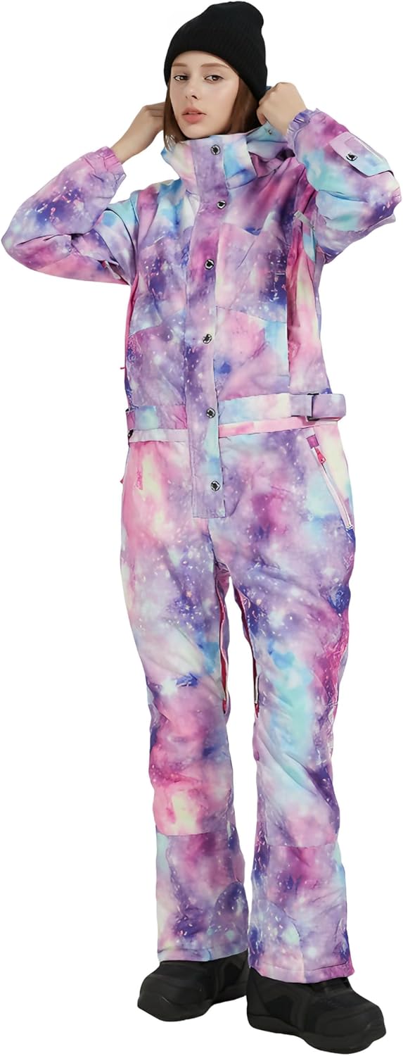 Womens One Piece Ski Suit Colorful Snowboard Snowsuits Jumpsuits Waterproof Hooded Warm Jackets Winter Outdoor