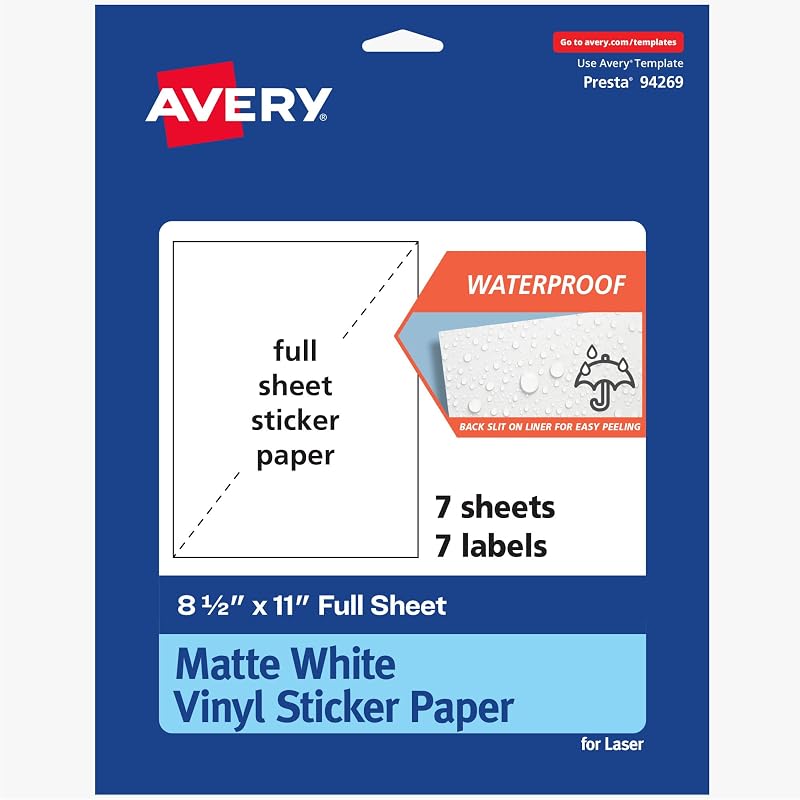 Papel adhesivo de vinilo imprimible, 8-1/2" x 11", blanco mate, adhesivo permanente, compatible con impresora láser, 7 hojas en total, ideal para pegatinas, obsequios, calcomanías para botellas de agua y más