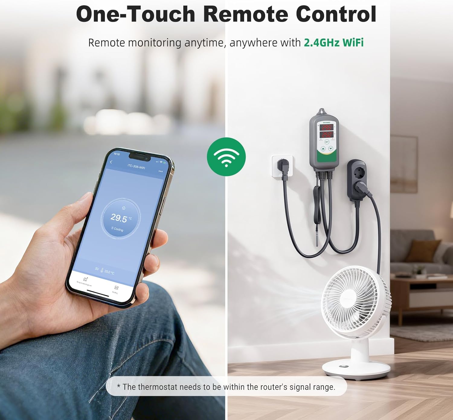 Hand holding a smartphone displaying the Inkbird app, showing remote temperature monitoring and control of the ITC-308-WIFI thermostat.