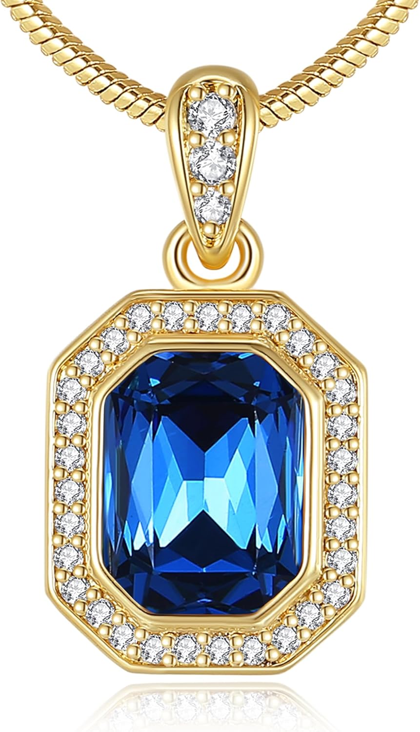 Valentine's Day Gifts for Her 14K Plated Gold Necklace for Women Square Crystal Necklace with Snake Chain Gold Jewelry for Womens Birthday Gifts for Wife Birthstone Necklaces for Wife Jewelry for Girlfriend Gift for Anniversary Wedding Valentines Mother's Day
