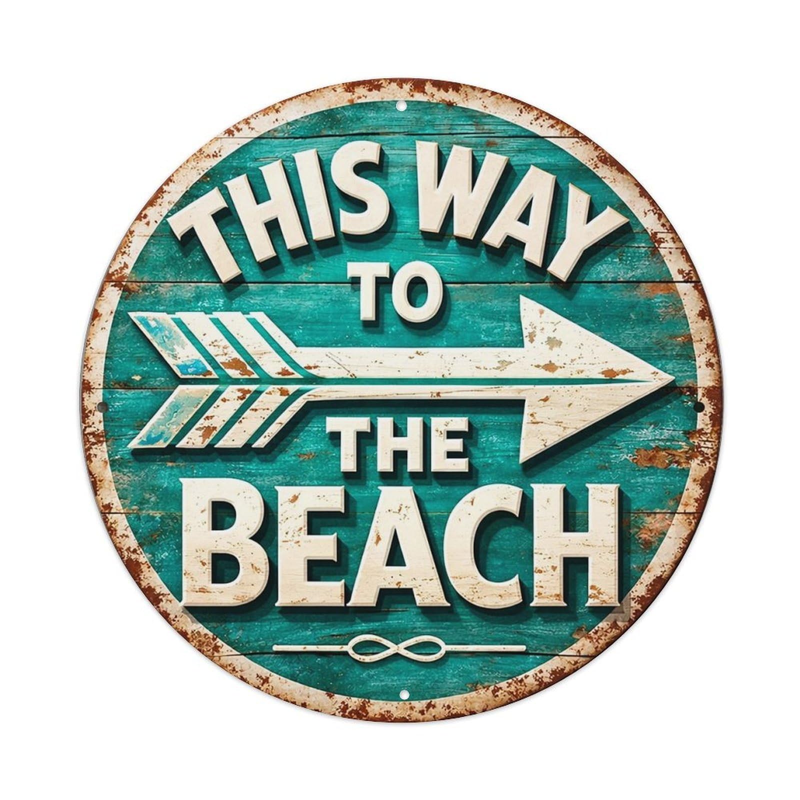 This Way To The Beach Retro Metal Sign Round Tin Sign, Vintage Decor Art Poster for Bar, Home, Man Cave, Kitchen, Laundry Room Gift 8x8Inch
