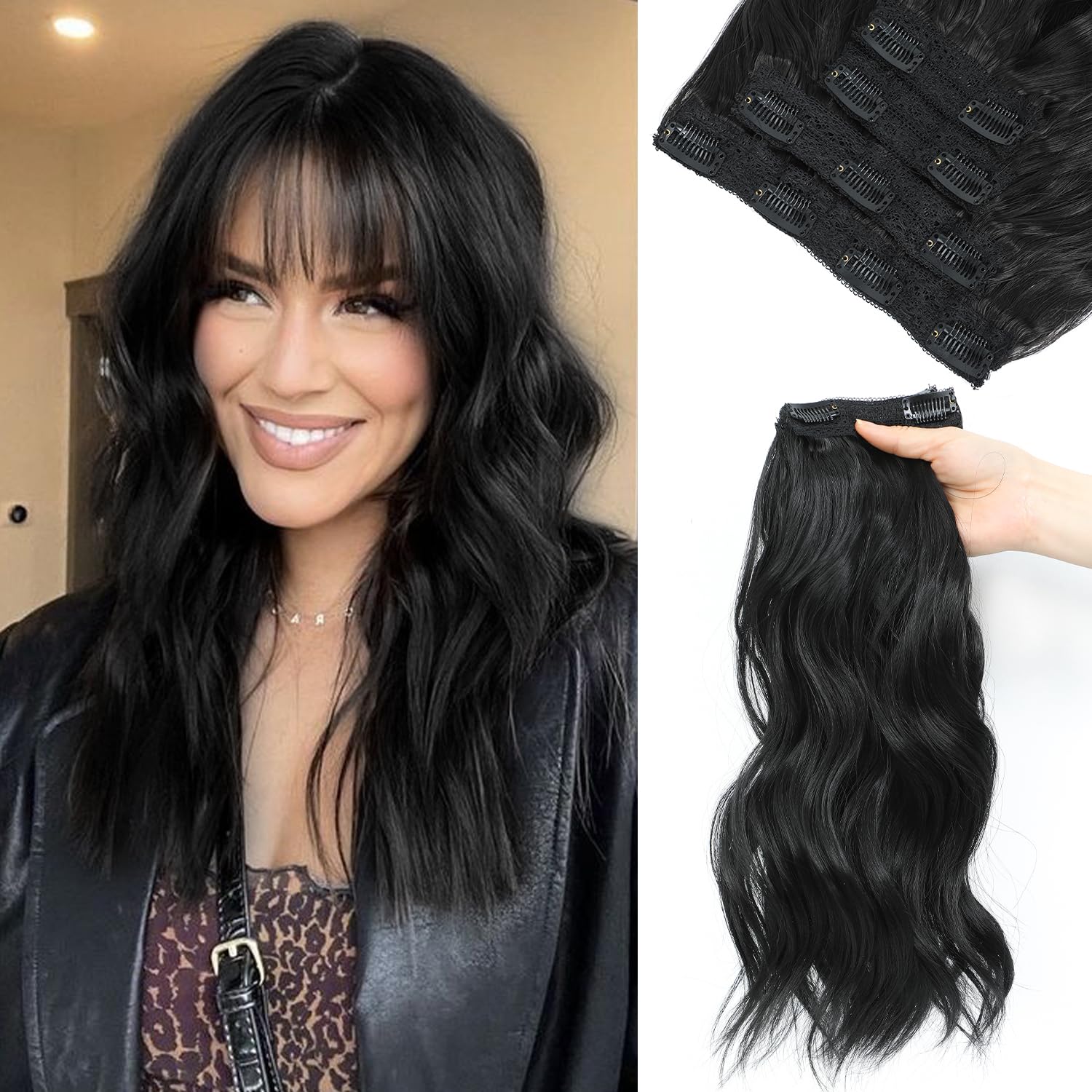 Black Hair Extensions, Clip In Hair Extensions 14inch 4Pcs Short Beach Wavy Clip In Hair Extensions for Women Synthetic Wavy Curly Clip In Hair Extensions Hairpiece for Women Hair Extensions Clip Ins