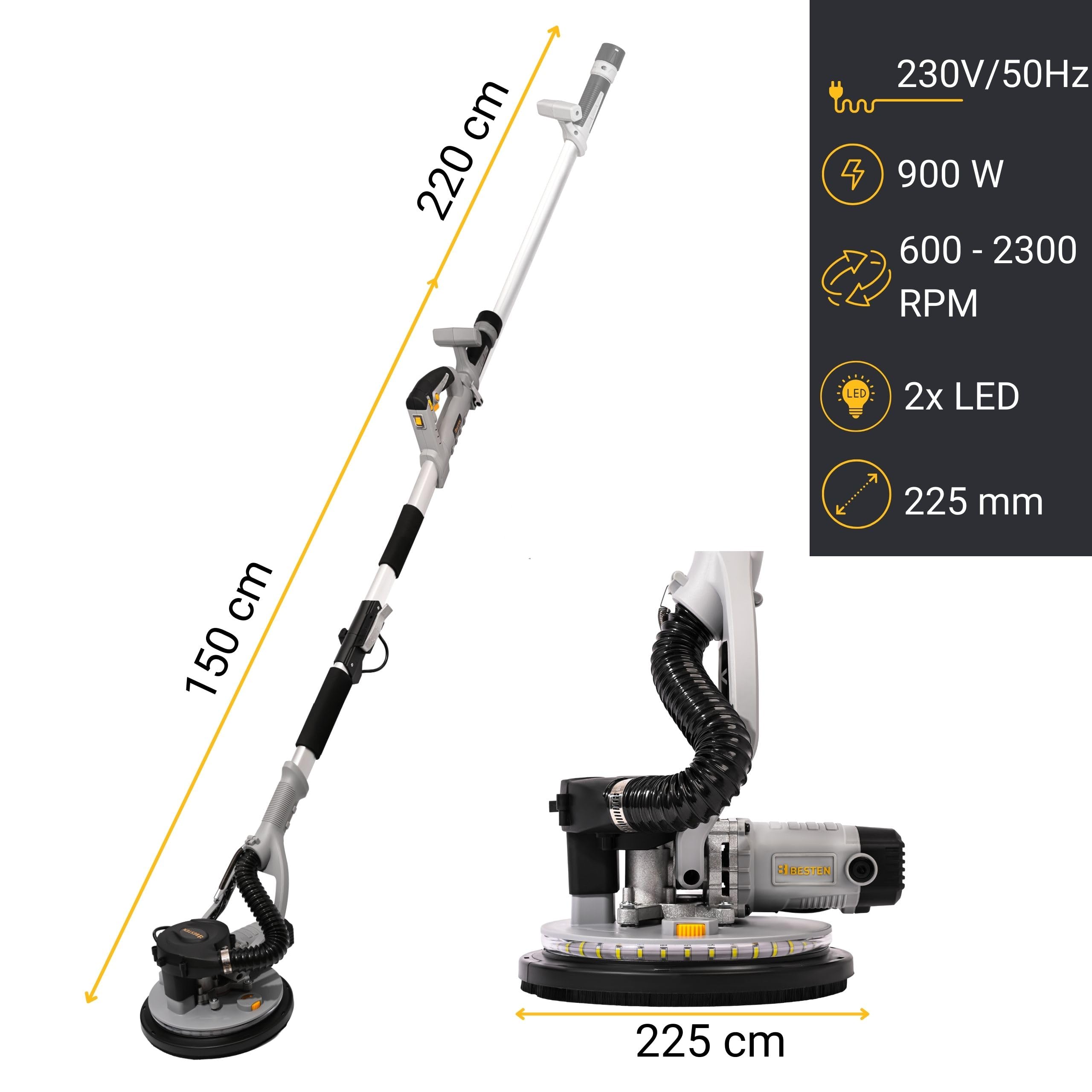 Szlifierka żyrafa do gipsu i gładzi 225 mm, 900 W, LED 360°, teleskop 150–220 cm, odsysanie pyłu z regulacją ssania, 30 papierów, torba BESTEN