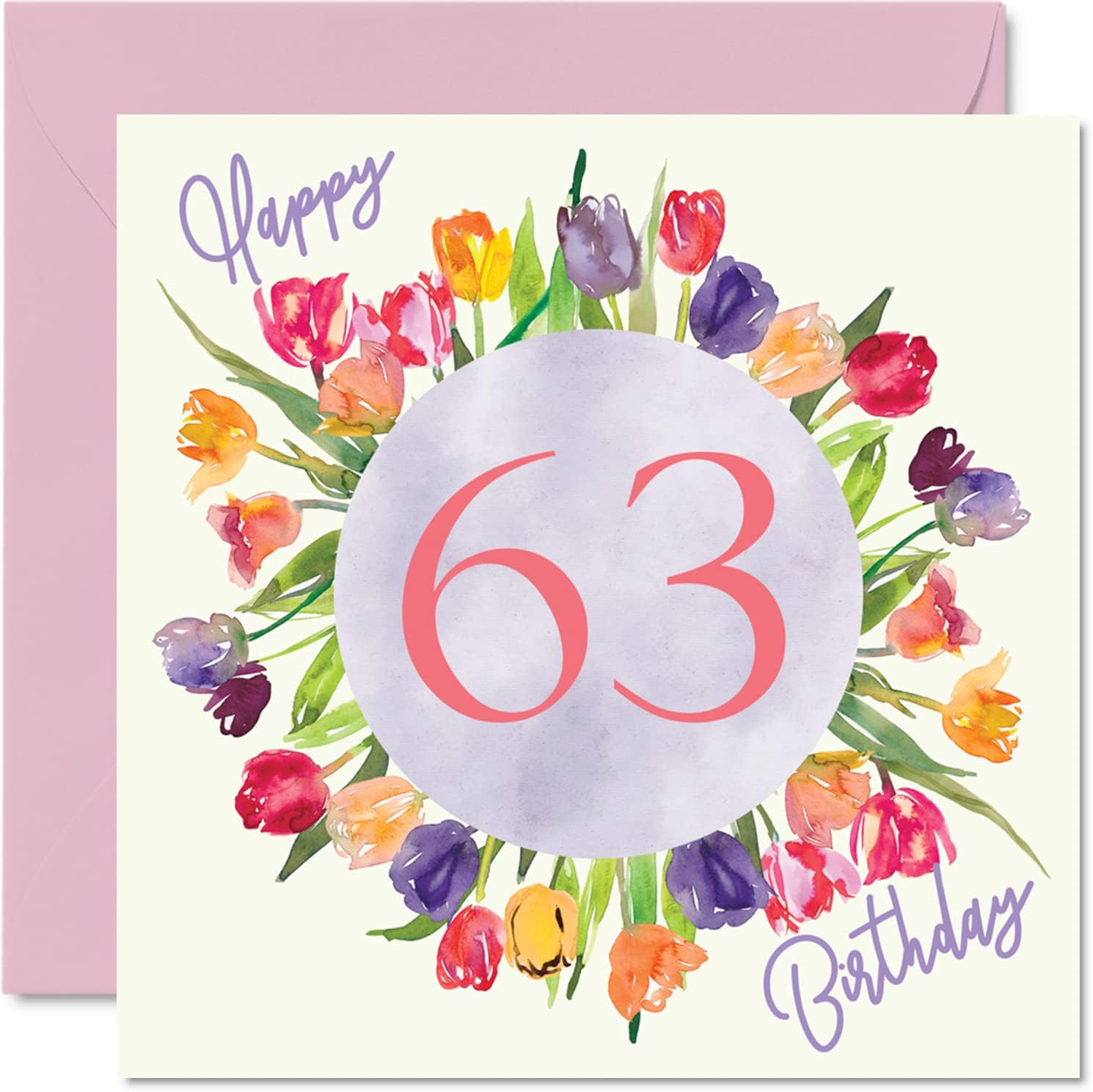 Beautiful 63rd Birthday Cards for Women - Watercolour Tulips Flowers Bouquet - Happy Birthday Card for Her Grandma Nanny Gran Mom Birthday Gifts, 5.7 x 5.7 Inch Lovely Floral Greeting Cards Gift