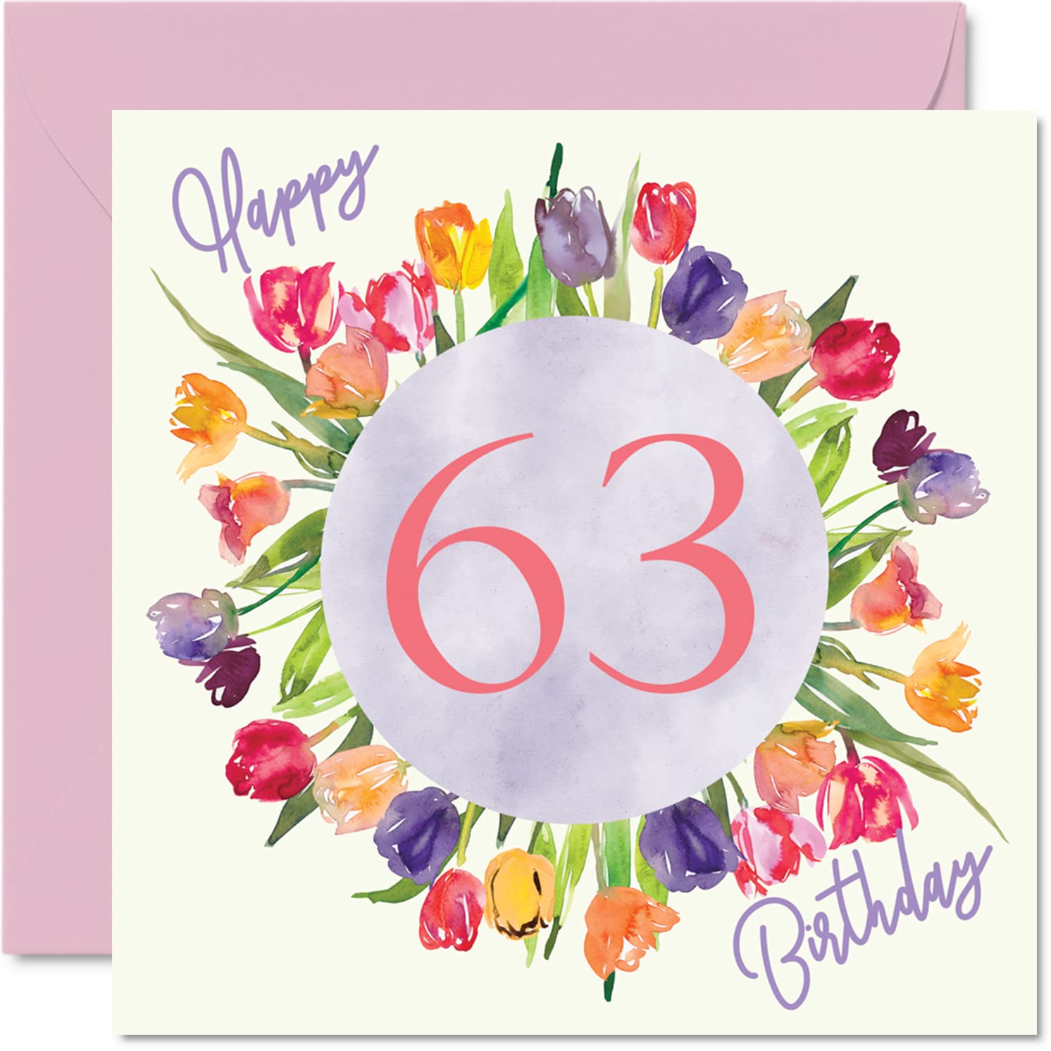 Beautiful 63rd Birthday Cards for Women, Watercolour Tulips Flowers Bouquet